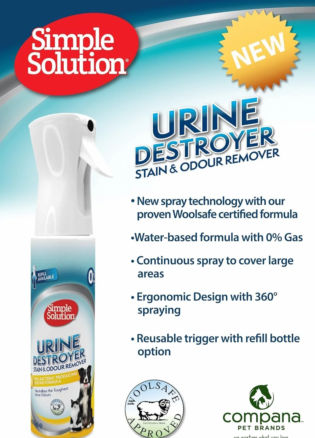 Simple Solution Nowa technologia rozpylania uzupełniania, niszczyciela moczu Pet Stain and Odour Remover with Pro-bacteria Cleaning Power - 400ml