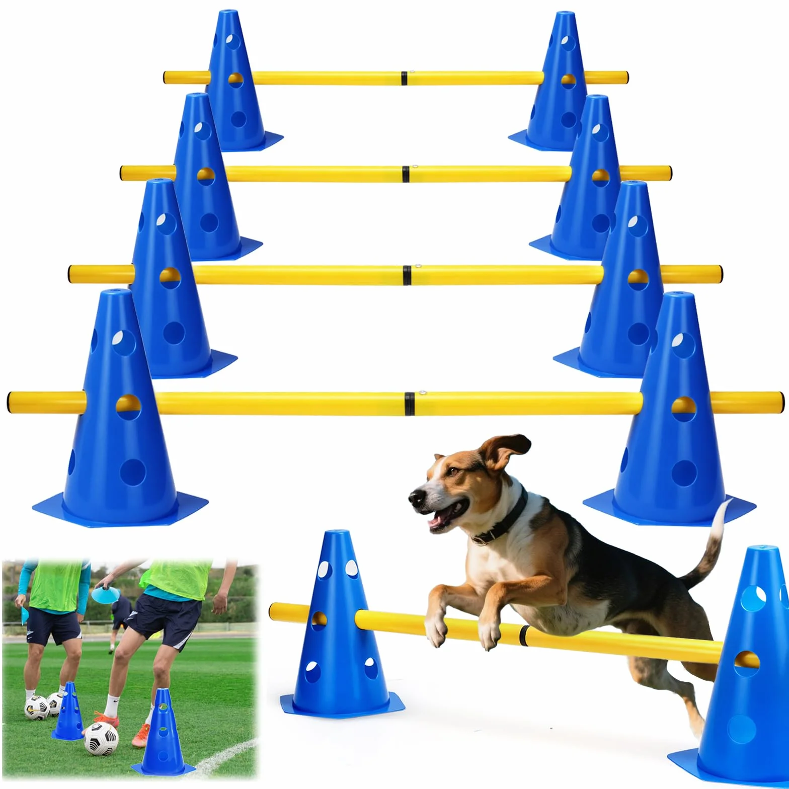 Agility zestaw płotek dla psów, zestaw przeszkód dla dzieci, do skakania, dla psa Cavaletti, 8 stożków o wysokości 23 cm + 16 drążków o długości 80 cm, do ćwiczeń treningowych