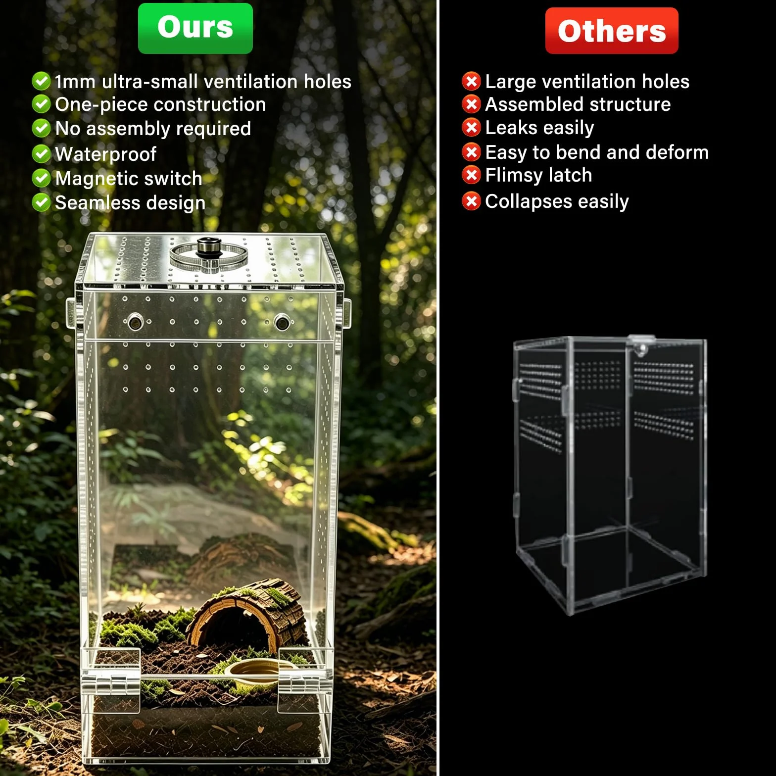 Homtone Akrylowe terrarium, terrarium owadów, terrarium ślimakowe z drzwiami magnetycznymi i otworem na karmę, odpowiednie dla pająków, ślimaków i owadów (10 x 10 x 20 cm)