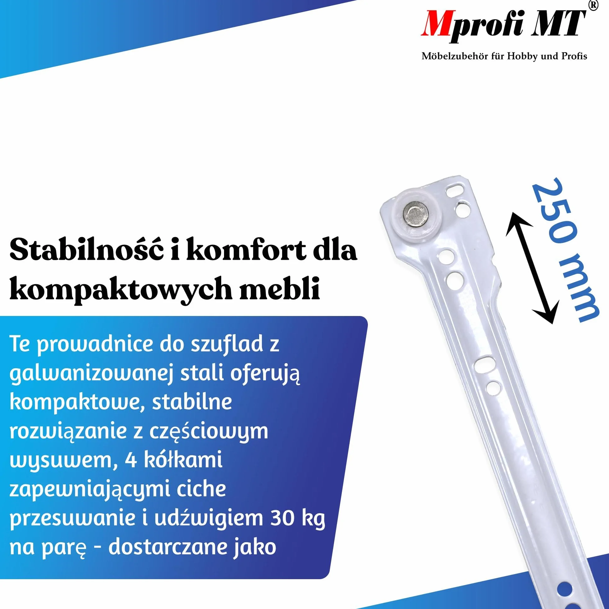 Mprofi MT® 2 Sztuki, 1 Para | Prowadnice Rolkowe 250mm | Częściowy Wysuw | Nośność 30kg | Białe Szyny do Szuflad | Akcesoria Meblowe