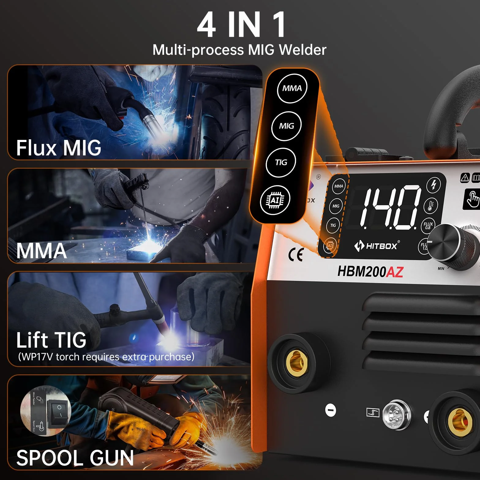 HITBOX Spawarka MIG 140A 4 w 1 Inwerter IGBT 0,8 mm ARC Lift TIG Spool Gun HBM200AZ