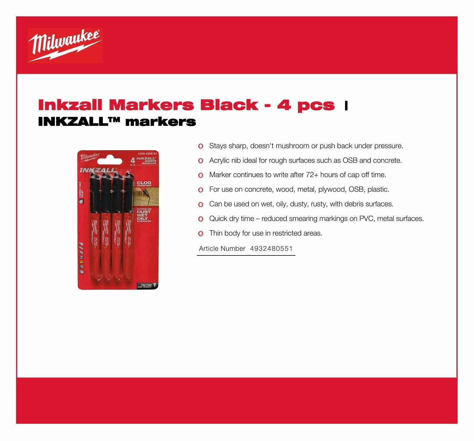 Milwaukee 4932480551 Markery Permanentne, Czarny, 4 sztuki