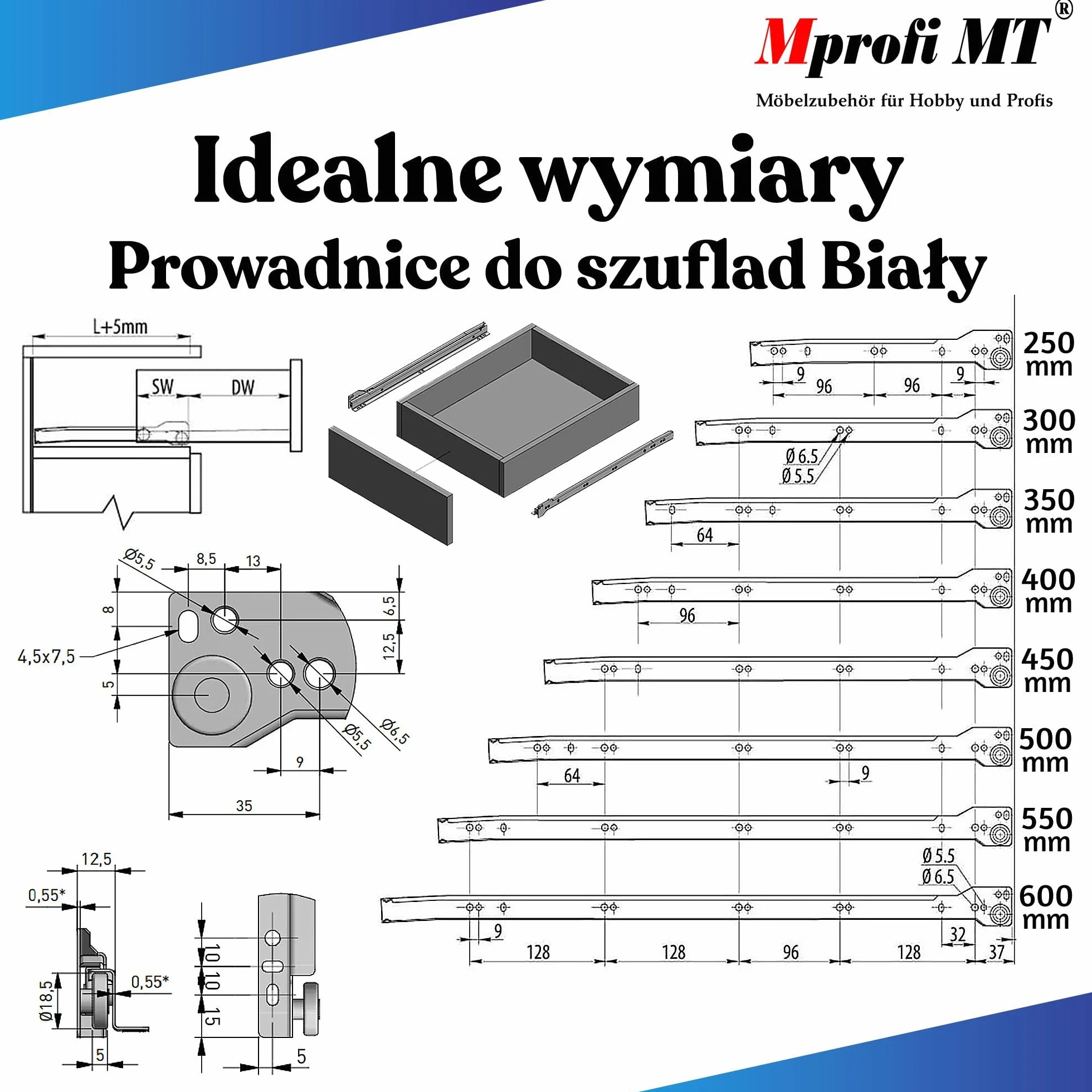 Mprofi MT® 2 Sztuki, 1 Para | Prowadnice Rolkowe 250mm | Częściowy Wysuw | Nośność 30kg | Białe Szyny do Szuflad | Akcesoria Meblowe