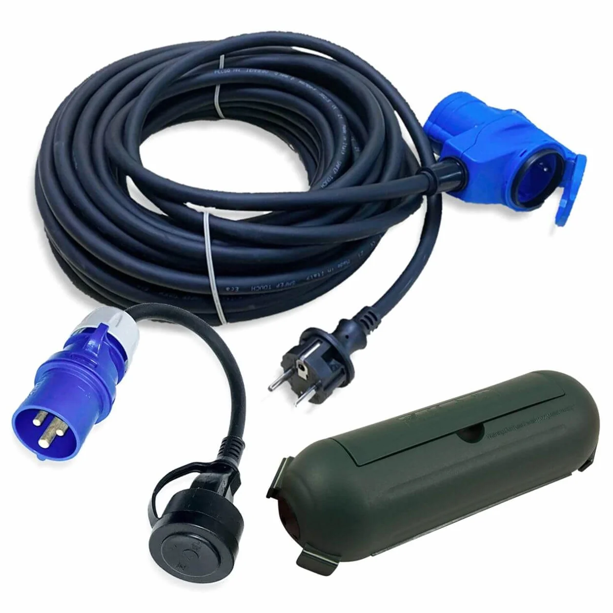 Zestaw adapterów CEE 15 m złącze kątowe do wtyczki Schuko + adapter CEE i pudełko ochronne zielony - H07RN-F 3 x 2,5 mm² 230 V 16 A adapter sieciowy - zestaw kabli kempingowych do przyczep kempingowych, przyczep kempingowych, łodzi