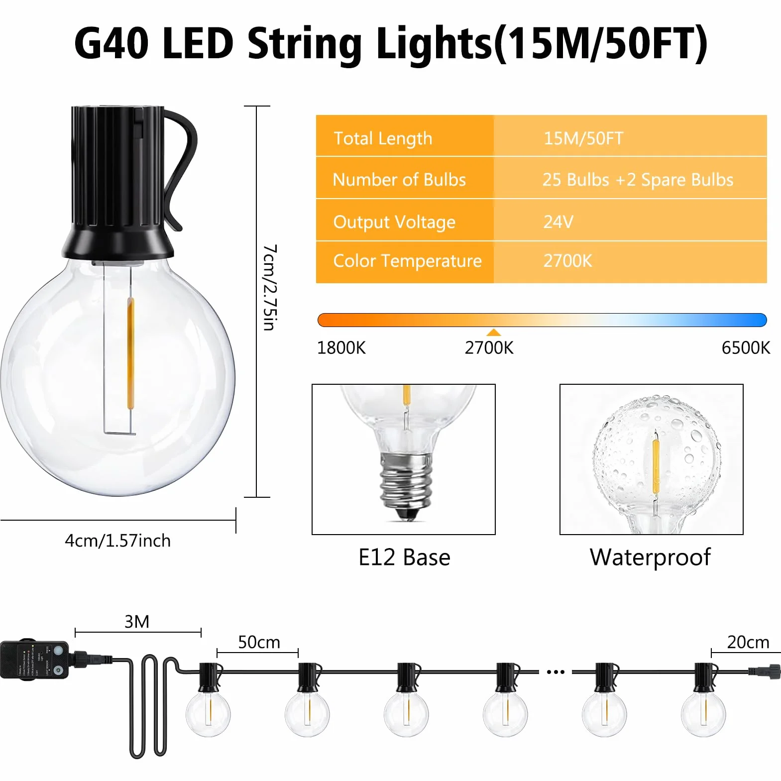 Łańcuch świetlny LED, prąd zewnętrzny, 15 m, możliwość ściemniania, łańcuch świetlny LED z czujnikiem światła, timer, 25 + 2 ciepła biel, żarówki G40, plastikowe, wodoszczelny, do ogrodu, na