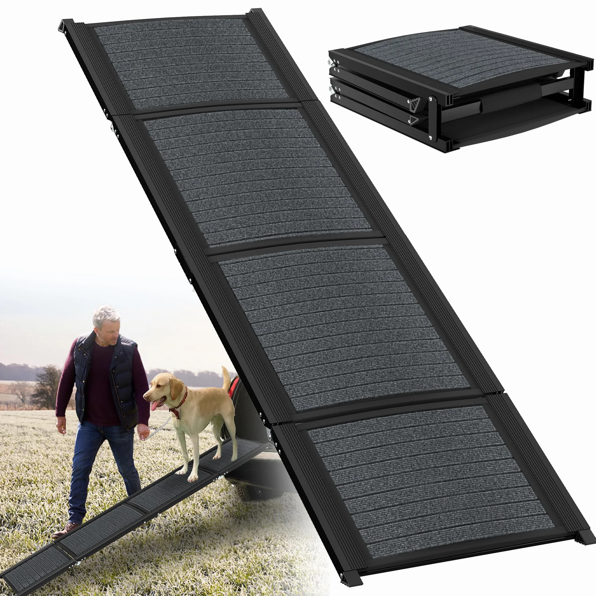 XMTECH Składana rampa dla psów, 157 cm, rampa samochodowa dla psów, do bagażnika, do samochodów, ciężarówek i SUV, do 110 kg, lekka, stabilna, antypoślizgowa, czarna