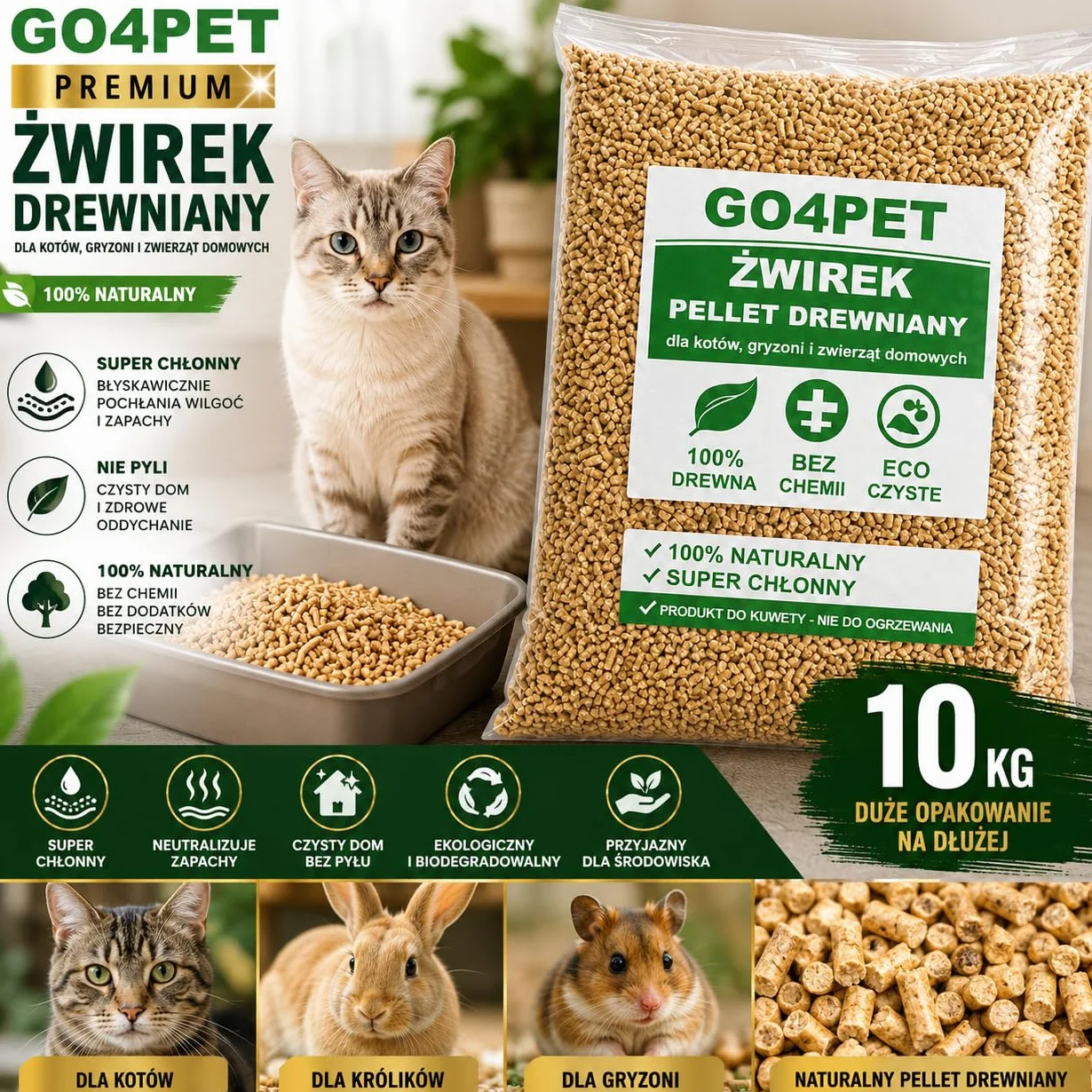 Żwirek Drewniany dla Kotów i Gryzoni, 10 kg, Naturalny Pellet z Trocin Drzewnych,