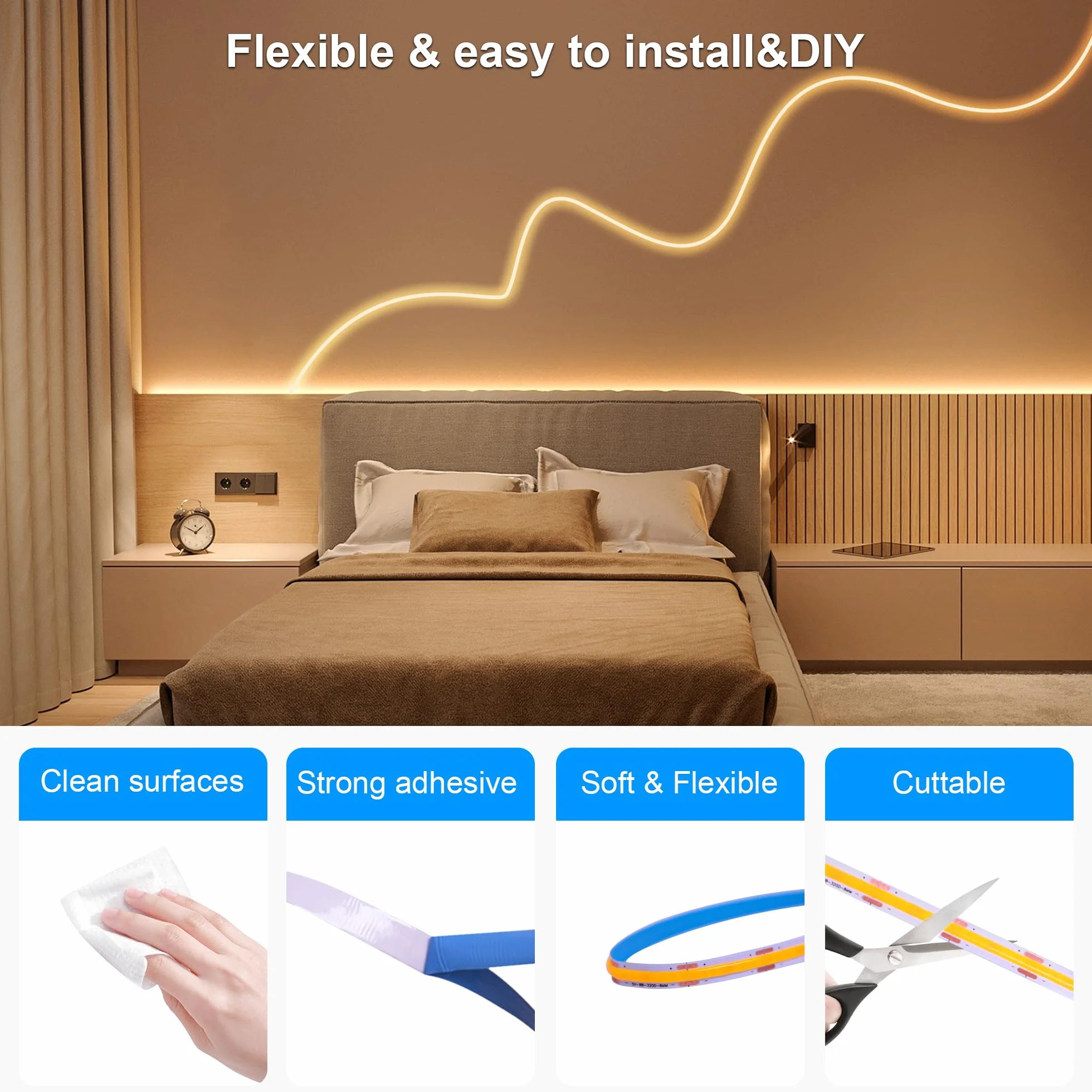 Macchiatto 2 m USB 5 V COB LED Strip ciepły biały 3000 K, 640 LED ściemnione światło Strip CRI90 +, COB LED Strip Spotless elastyczne do podświetlenia telewizora sypialnia kuchnia szafa
