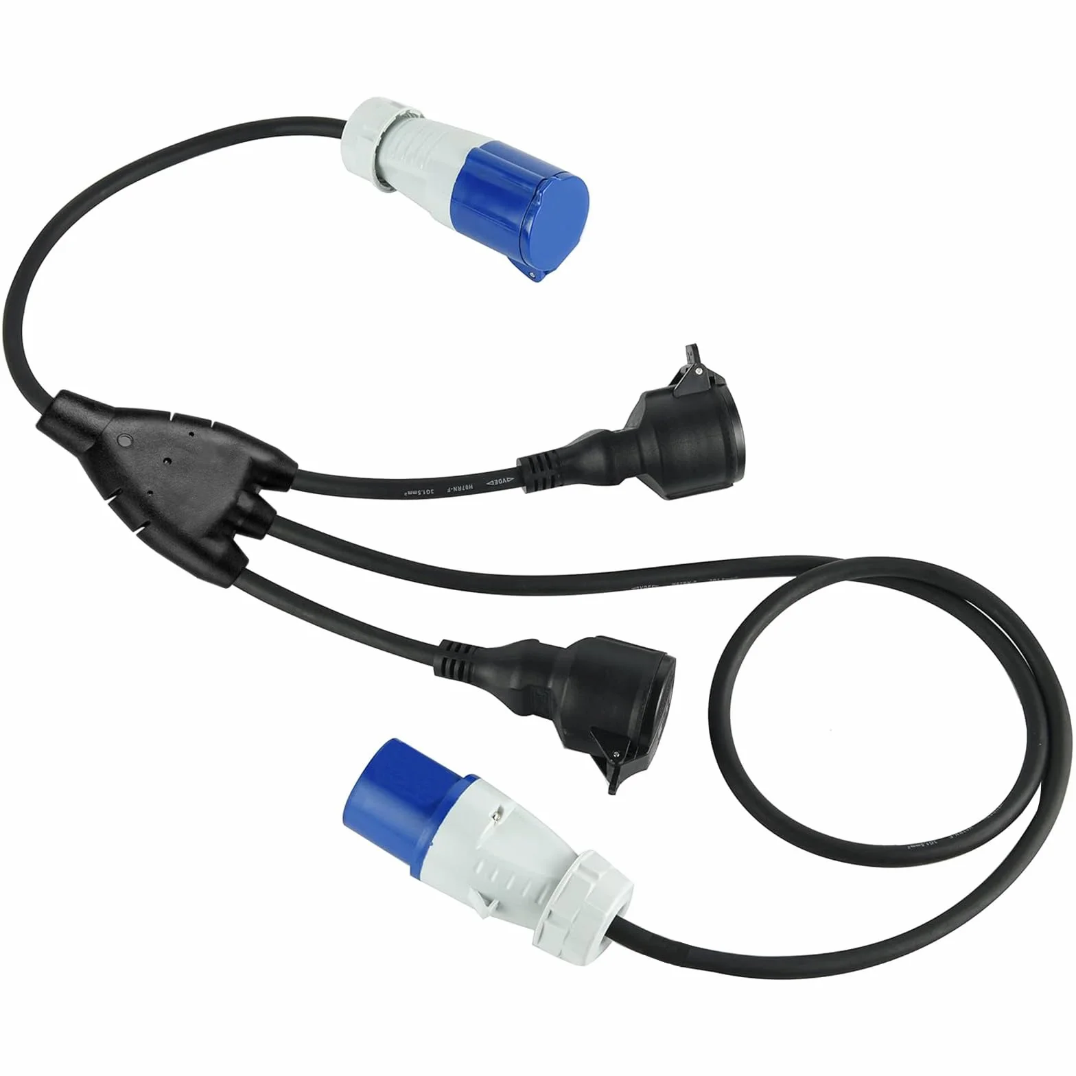 3-krotny przedłużacz do przyczep kempingowych, wtyczka CEE, kabel zasilający z 2 gniazdami Schuko + 1 przemysłowy CEE, gumowy kabel H07RN-F 3G1,5 mm, przedłużacz do kamperów