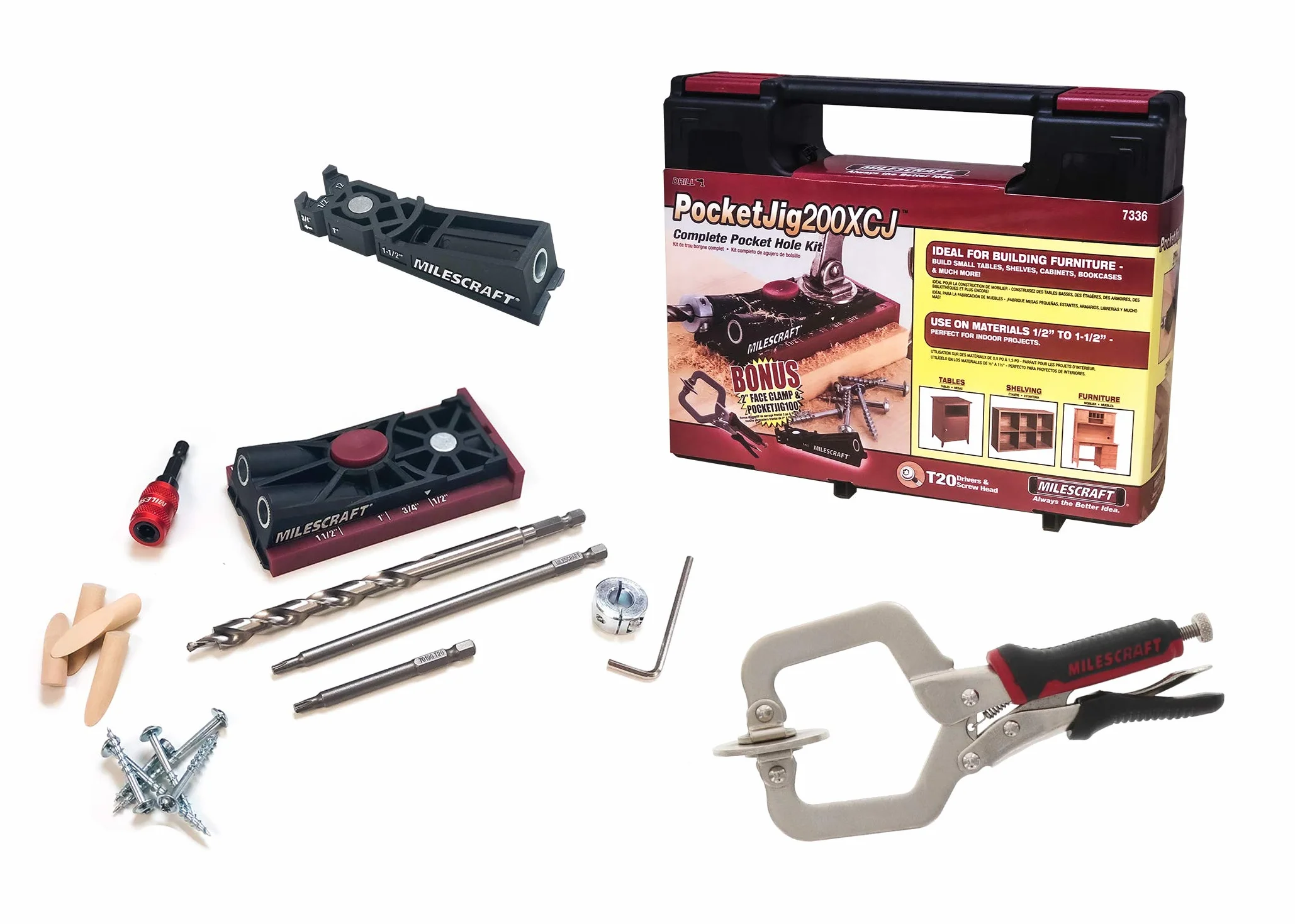 Milescraft 7336 kieszonkowy Jig 200XCJ – zestaw otworów kieszonkowych z podwójnym otworem kieszonkowym, pojedynczym otworem kieszonkowym, zaciskiem czołowym 5 cm i akcesoriami potrzebnymi do każdego