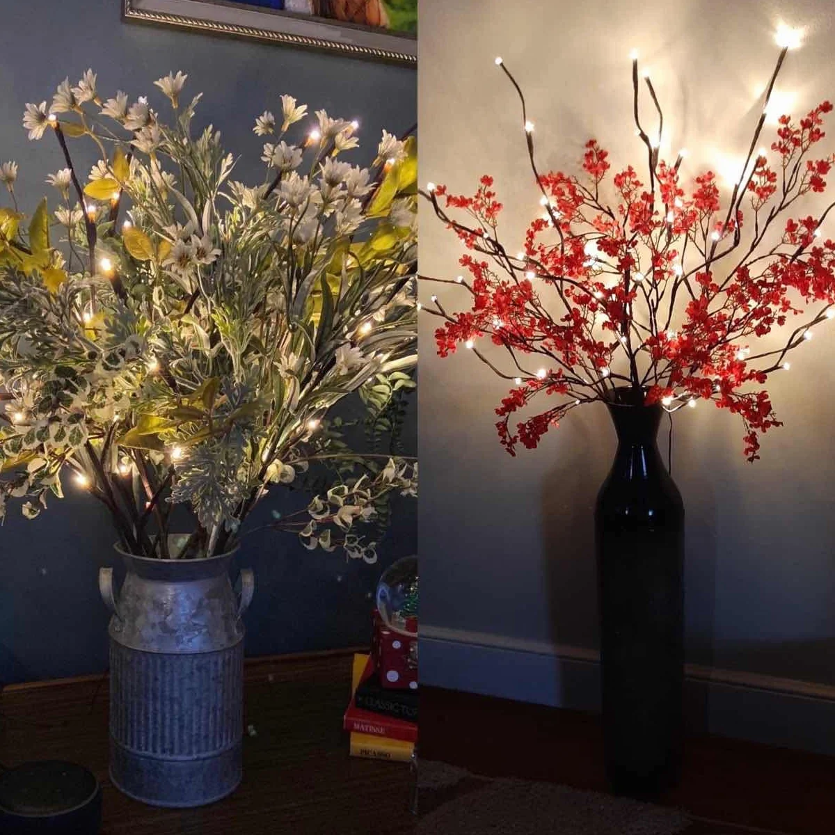 Eambrite 3-częściowy zestaw drzewek świetlnych do użytku wewnątrz i na zewnątrz, 60 diod LED, wodoszczelne gałązki 76 cm, ciepłe białe światło gałązkowe, brązowe z zasilaniem sieciowym, lampa LED,