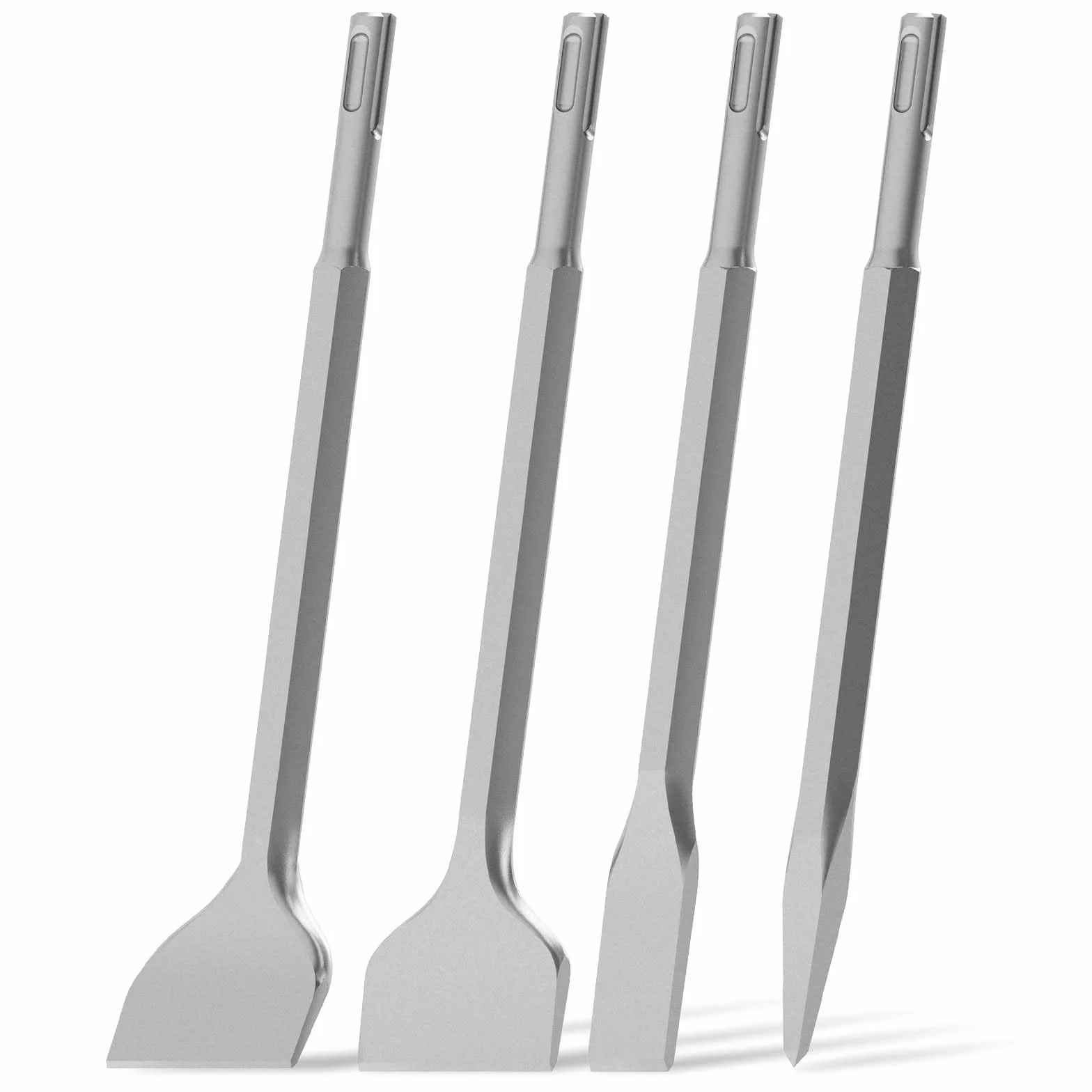 ROELLY Zestaw Dłut Udarowych, Zestaw 4 Szt. 250 mm, Zestaw Dłut (Zawiera 1x Dłuto Płaskie, 1x Dłuto do Płytek, 1x Dłuto do Cięcia Płytek, 1x Dłuto Szpiczaste), do Płytek Ceramicznych, Betonu