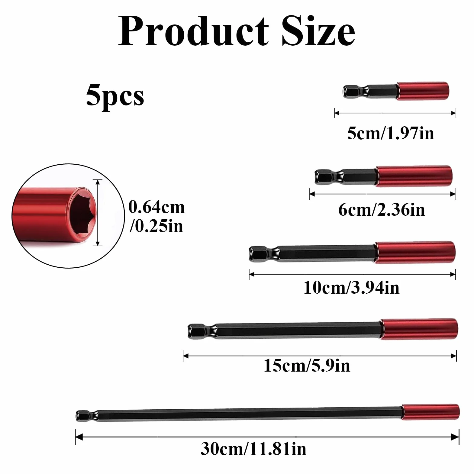 5 sztuk magnetycznych uchwytów do bitów, 1/4 cala, z przedłużkami bitów 50/60/100/150/300 mm, wytrzymały i trwały, do wiertarek i śrubokrętów (kolor czerwony)