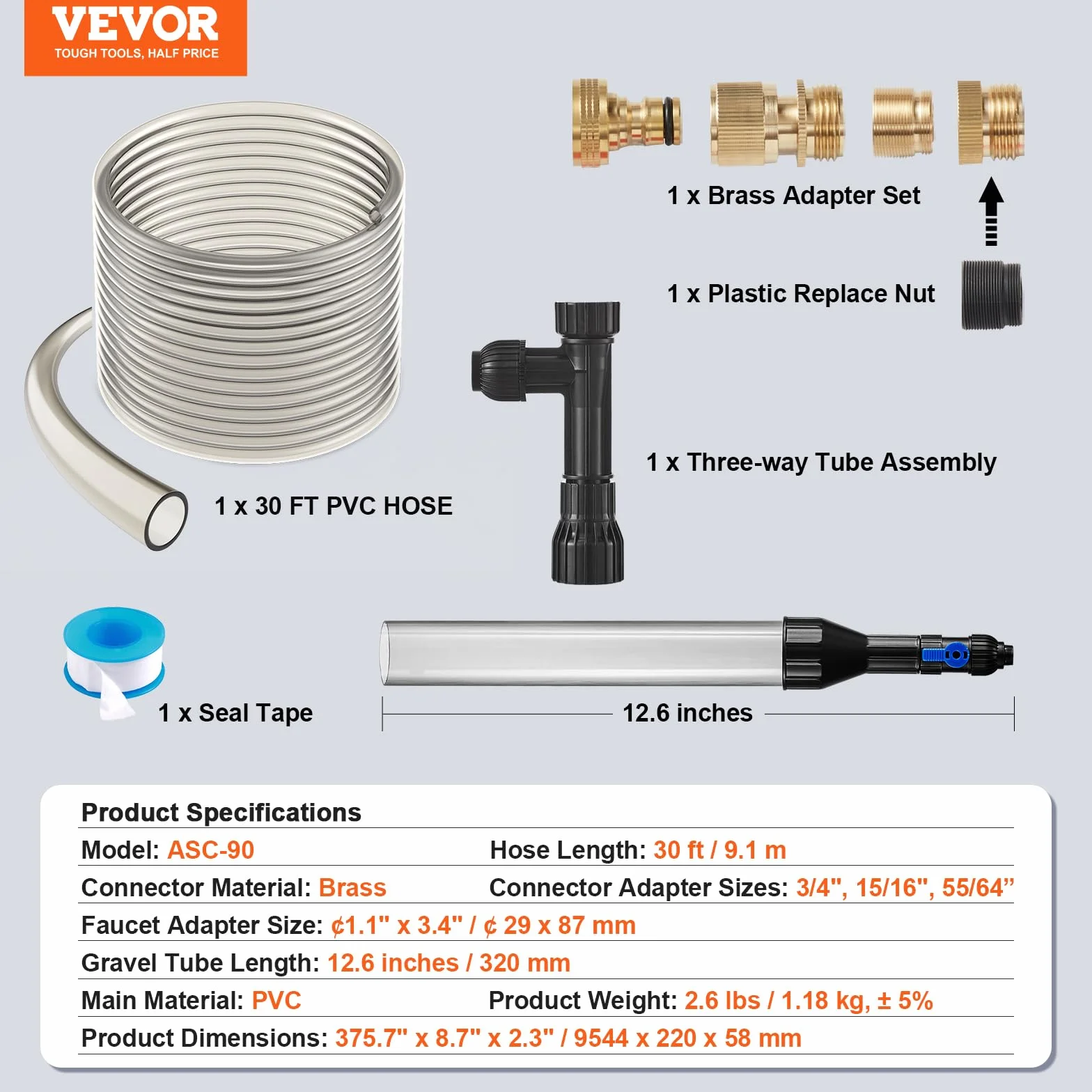 VEVOR Odkurzacz do czyszczenia żwiru do akwarium, 9 m, wąż PVC, zbiornik na ryby, odkurzacz do żwiru, syfon, odkurzacz, 3 rodzaje mosiężnych adapterów, do czyszczenia akwarium, żwiru i piasku