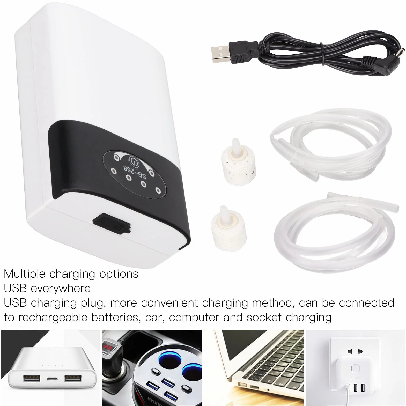 Pompa Powietrza do Akwarium, Przenośna Pompa Tlenowa USB Akumulatorowa, Cichy Napowietrzacz do Akwarium z Kamieniami Napowietrzającymi, Napowietrzacz Pompa Tlenowa do Akwarium Wędkarstwo na świeżym Po
