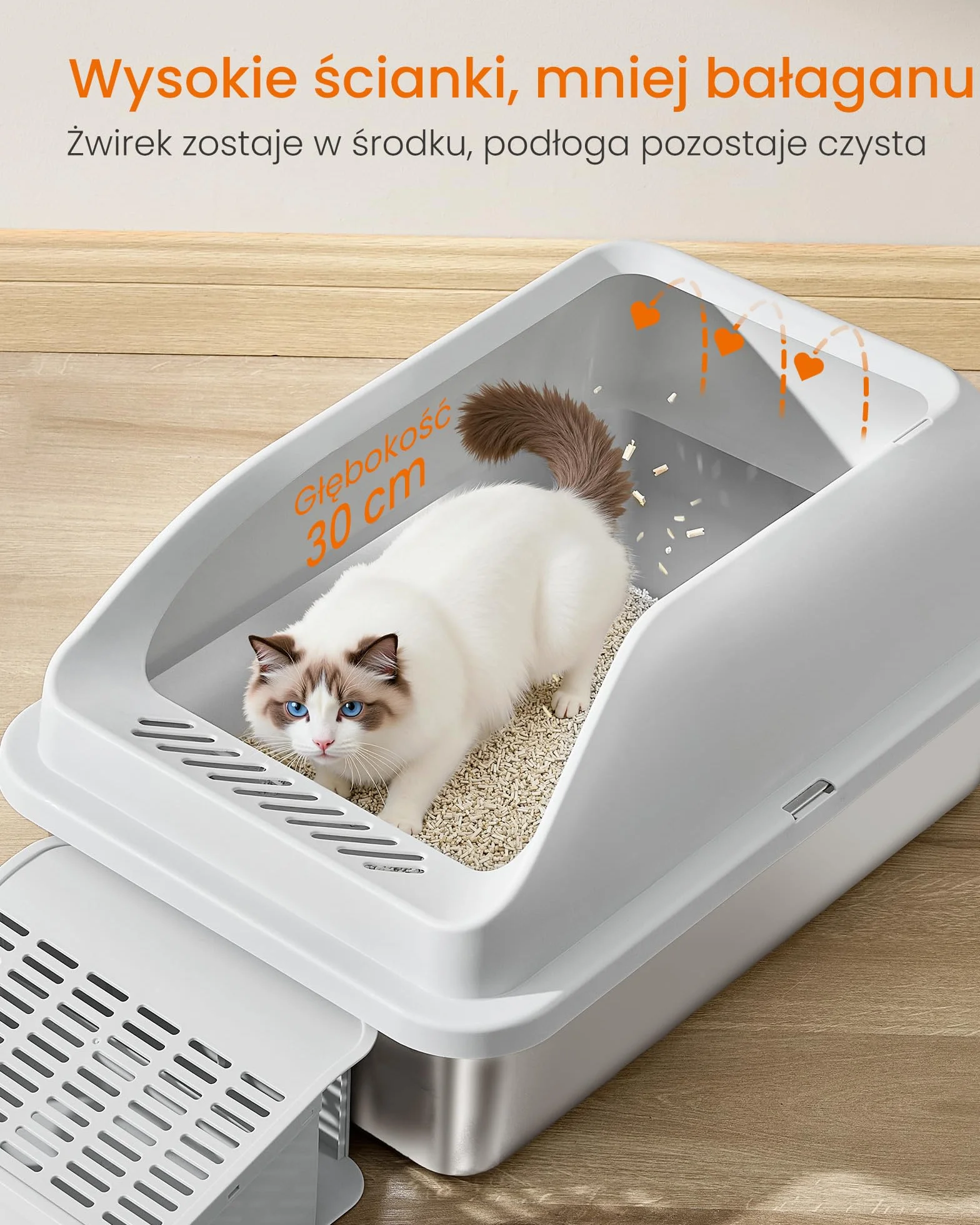 Feandrea Kuweta dla kota ze stali nierdzewnej, otwarta, wysokie boki, stopień, łopatka i szczotka, do 15 kg, gołębia szarość