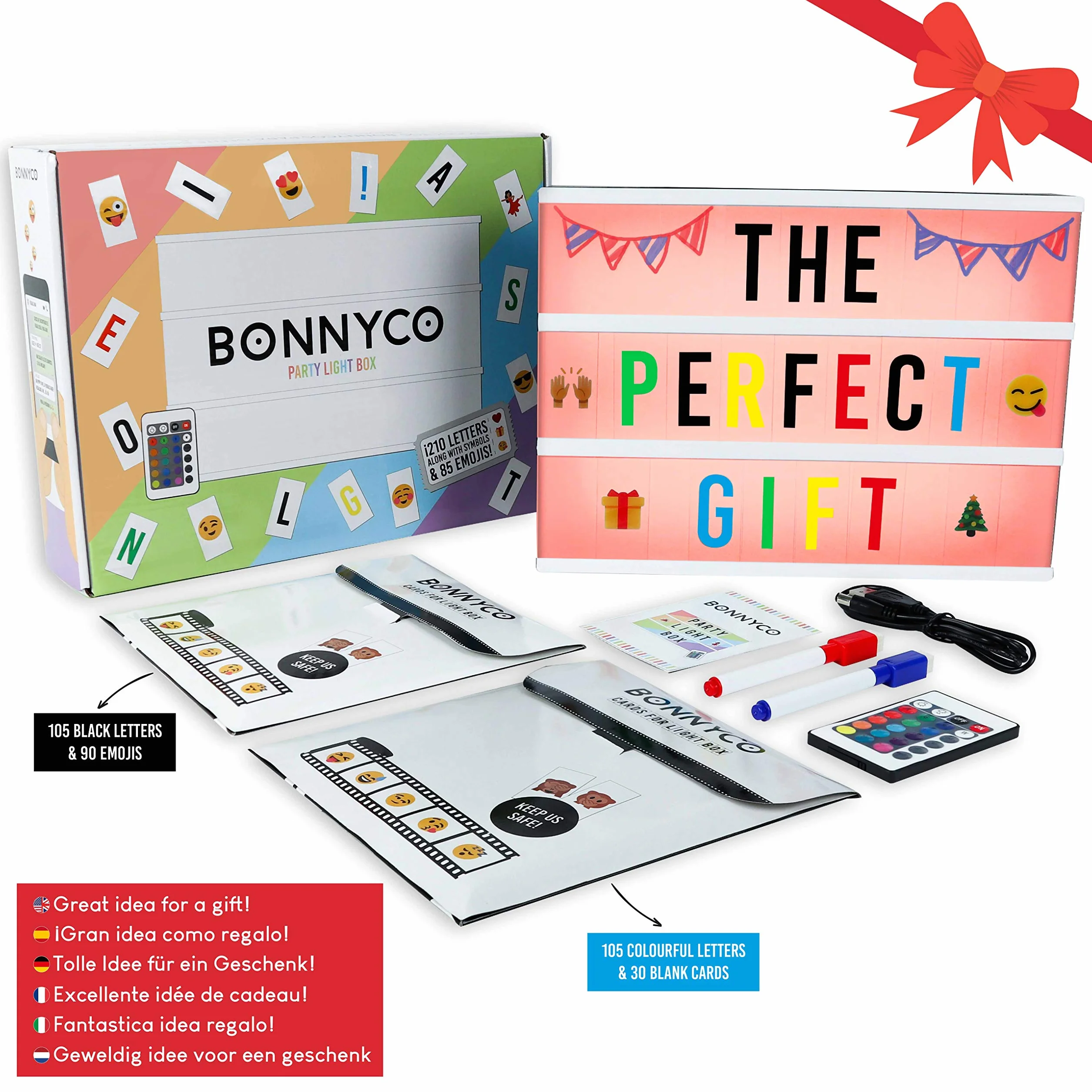 BONNYCO A4 Kinowy Lightbox Zmieniający Kolor z 400 Literami, Symbolami i Emoji, Pilotem i 2 Markerami. Led Lampka 16 Kolorów, Intensywności, Programów. Świecąca Tablica Nowość Prezenty