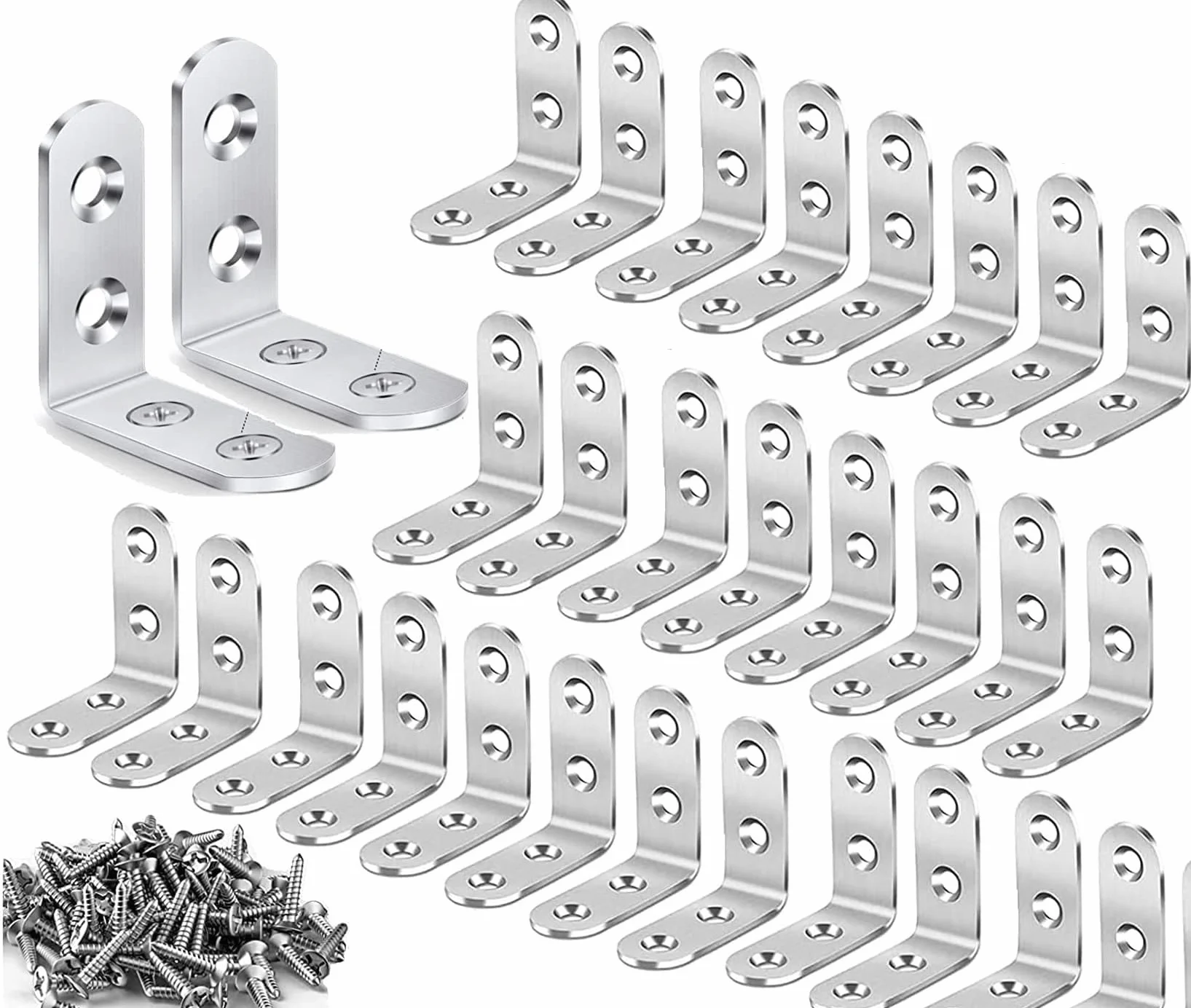 Łączniki kątowe kątowniki metalowe, 30 sztuk, 40 x 40 mm, stal nierdzewna, 90 stopni, kątownik meblowy, kątownik narożny, ze śrubą, do montażu kątowego, do mebli