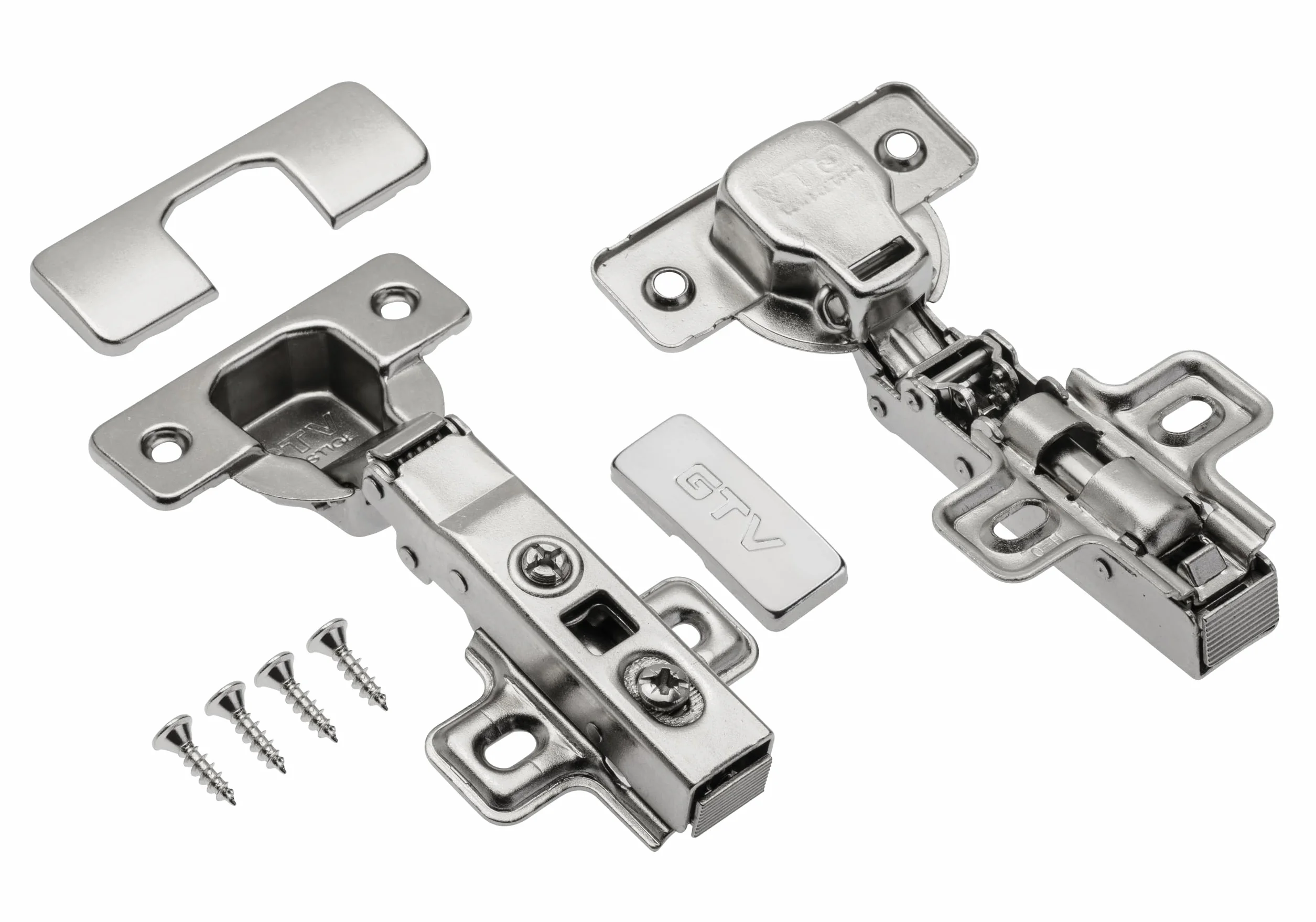 GTV Zawias meblowy ECHC z tłumieniem Soft-Close, technologia Clip-on, regulacja 3D, do ogranicznika przylegającego, Ø doniczki 35 mm, 80 000 cykli, stal niklowana, 1 sztuka