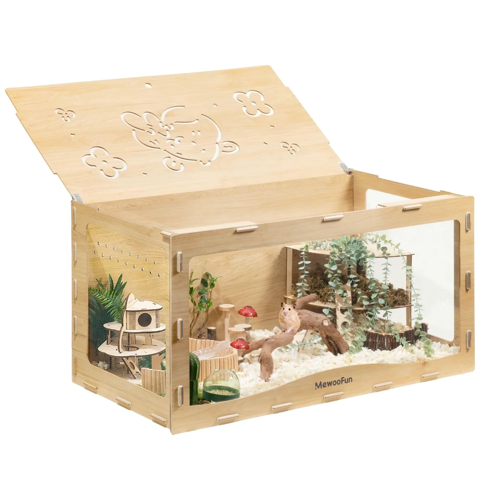MEWOOFUN Duża drewniana klatka dla chomika syryjskiego 100 x 50 x 50 cm przezroczysta
