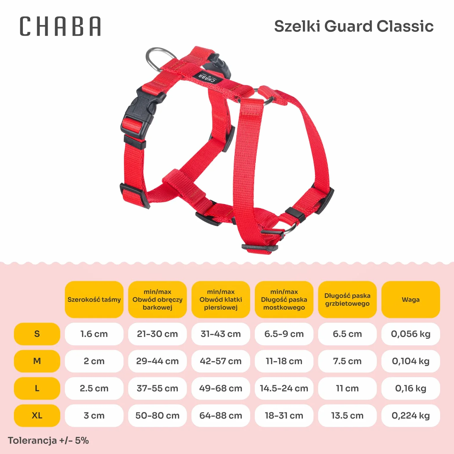 Chaba Szelki dla Małego Psa Guard | 5-cio stopniowa regulacja | Mocne zatrzaski | Ergonomiczne, Bezuciskowe, Lekkie, Regulowane, Solidne, Mocne, Wygodne | NO SHARP | CZERWONE | M