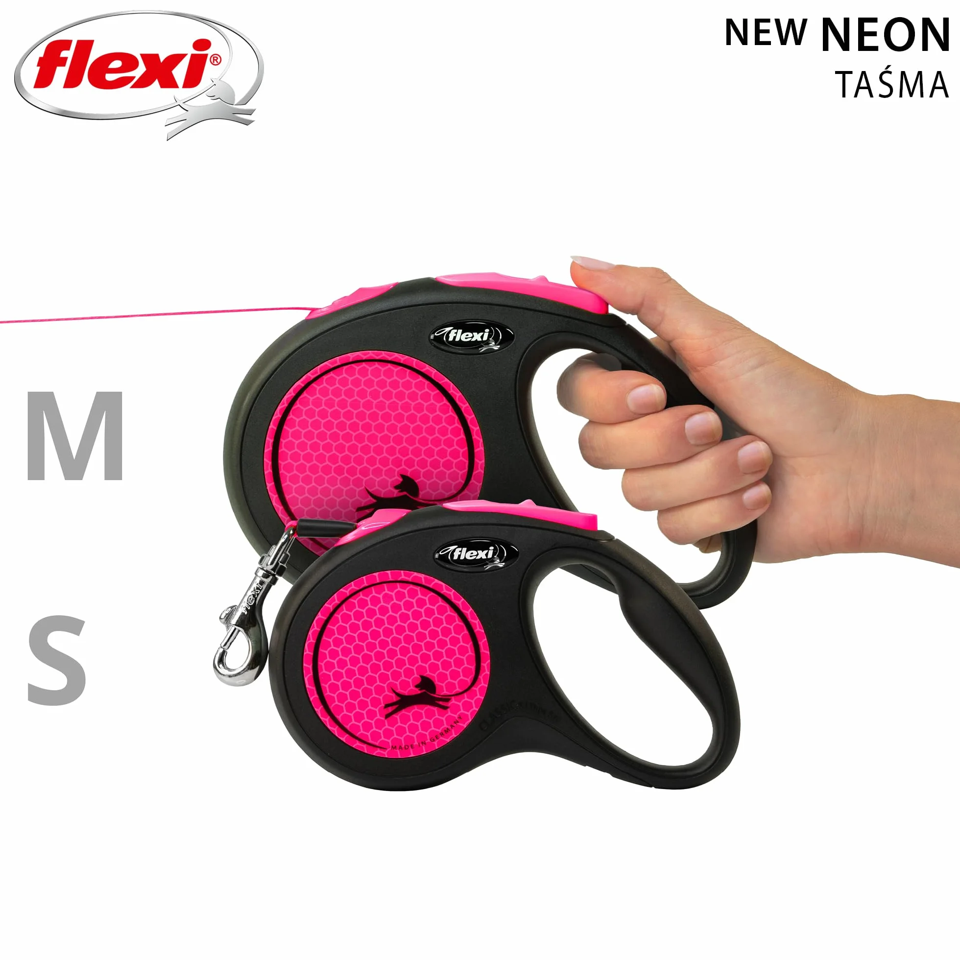 Flexi Nowa neonowa taśma różowa średnia 5 m chowana smycz dla psa/smycz dla psów do 25 kg