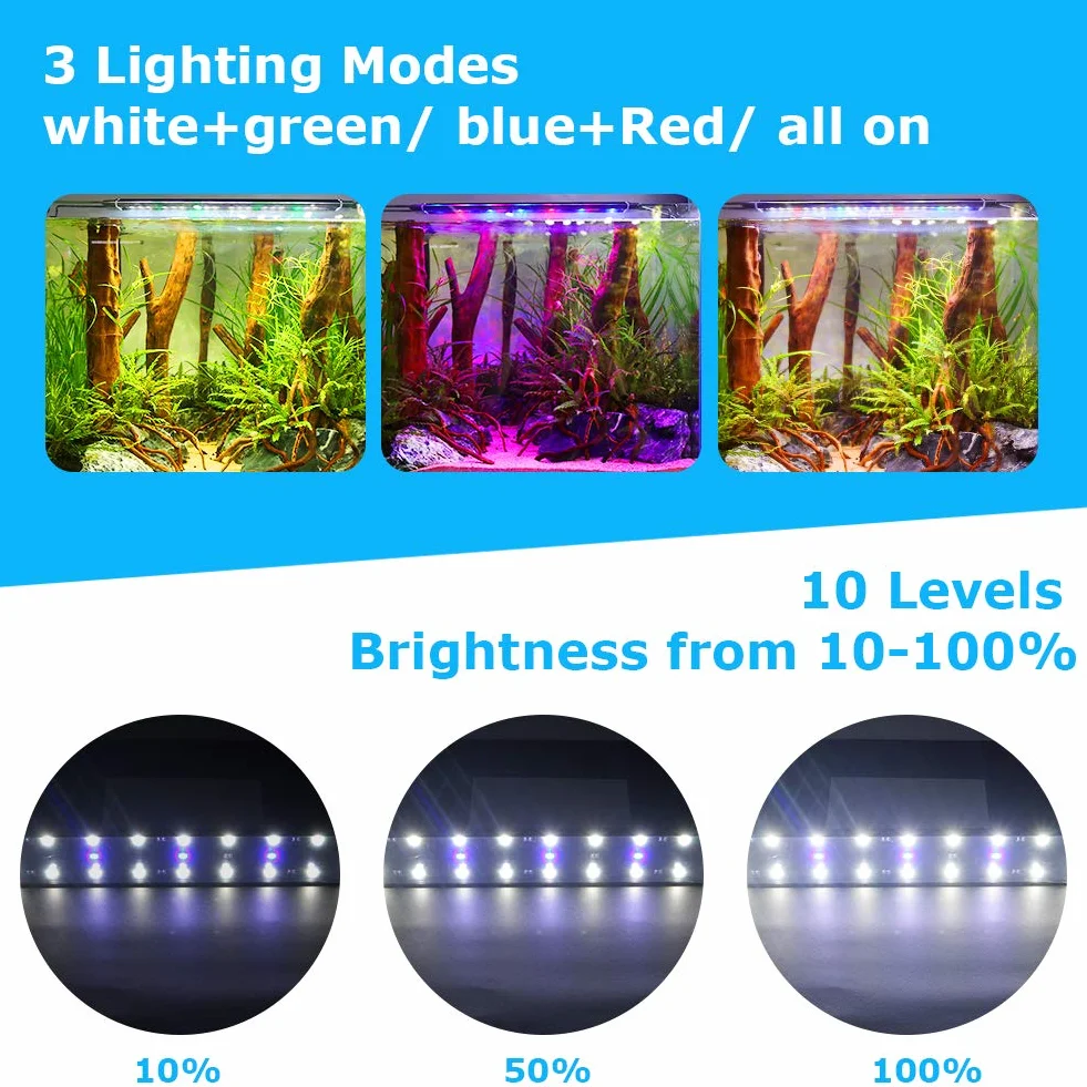 Oświetlenie LED do akwarium, lampa [pełne spektrum, czerwone, zielone, niebieskie, białe] z timerem, 10 poziomów jasności, ściemnianie, IP66, wodoszczelna