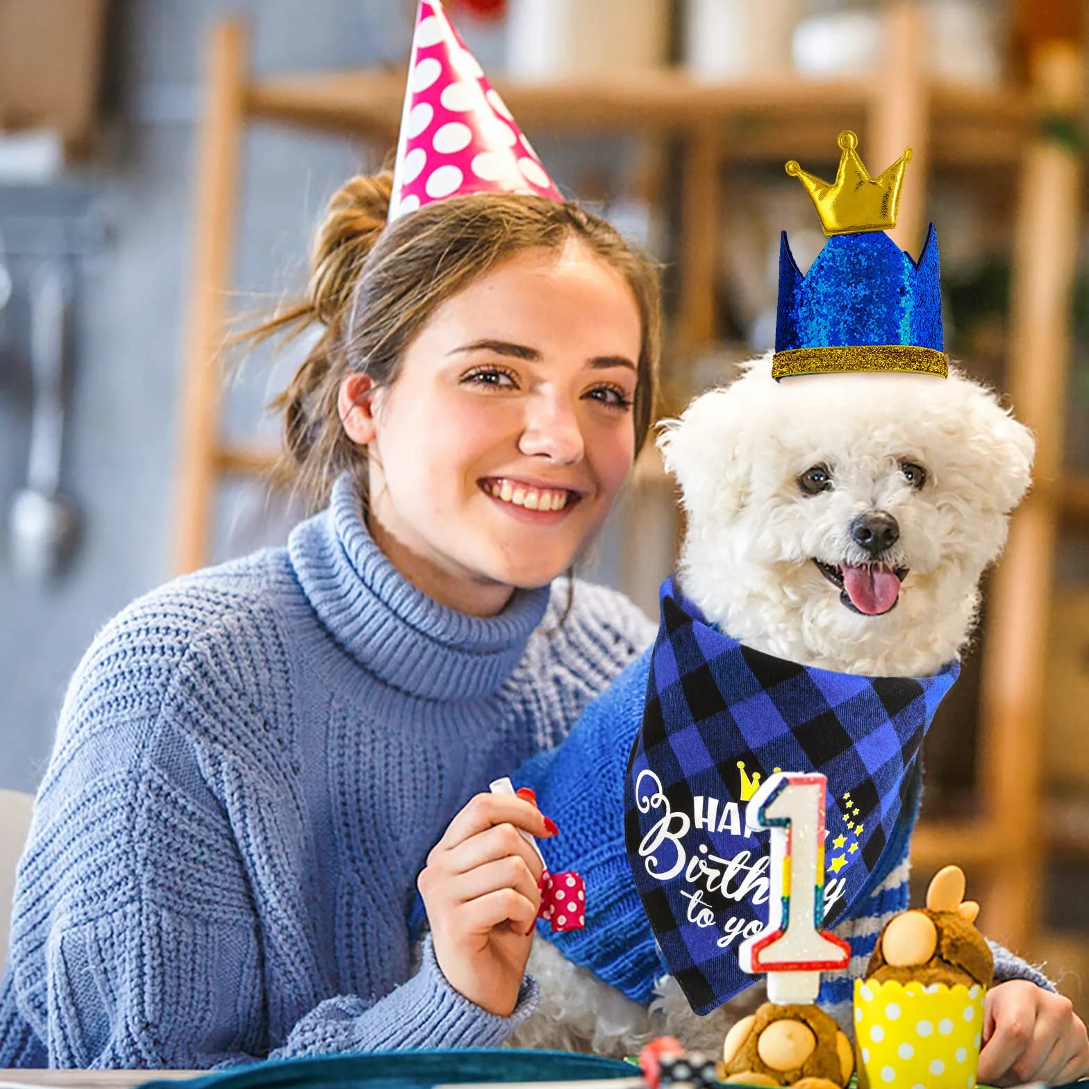 Cobee Urodzinowa bandana dla psa zestaw muszki, 3 sztuki artykuły na przyjęcie urodzinowe dla psa w kratę bandana błyszcząca korona czapka brokatowa muszka obroża dla małych średnich psów