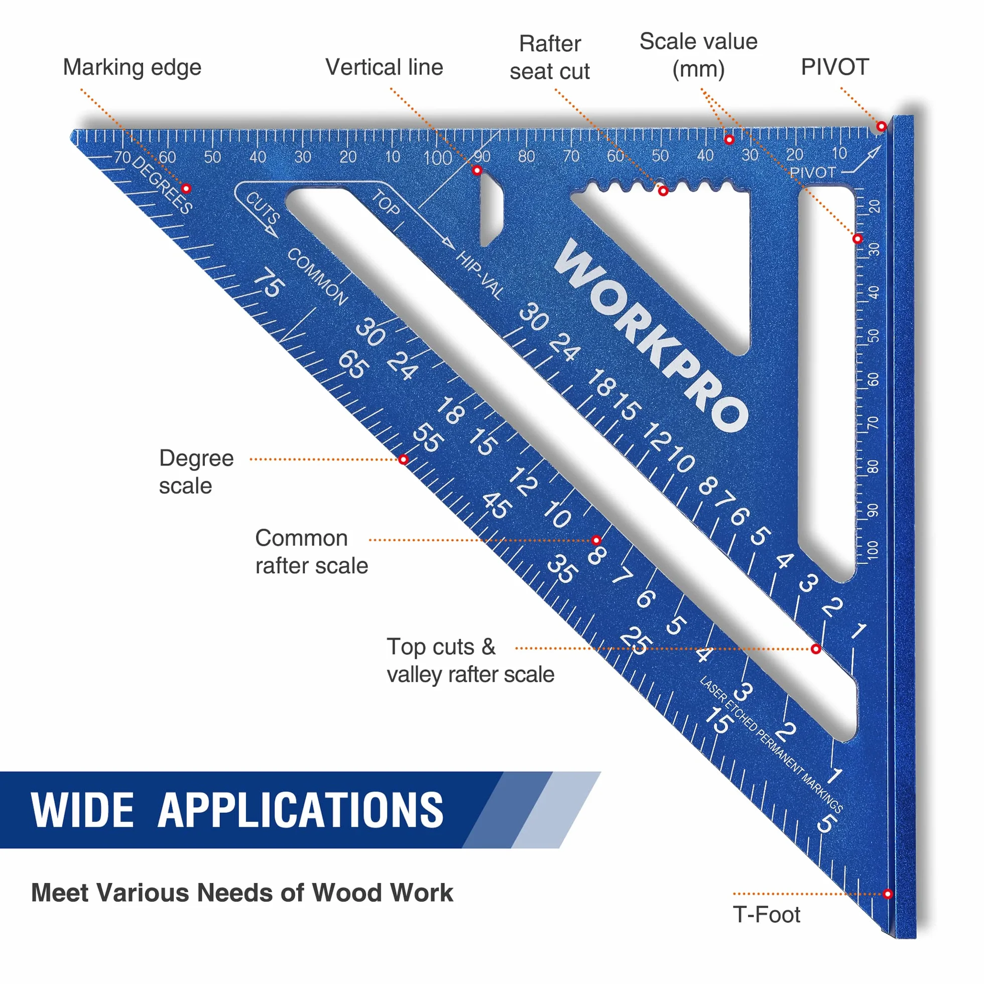 WORKPRO Kątomierz wielofunkcyjny 180mm Trójkątna linijka Kątomierz narożny Metryczny Stopa aluminiowa Precyzyjne narzędzie pomiarowe do układania dla stolarzy, inżynierów