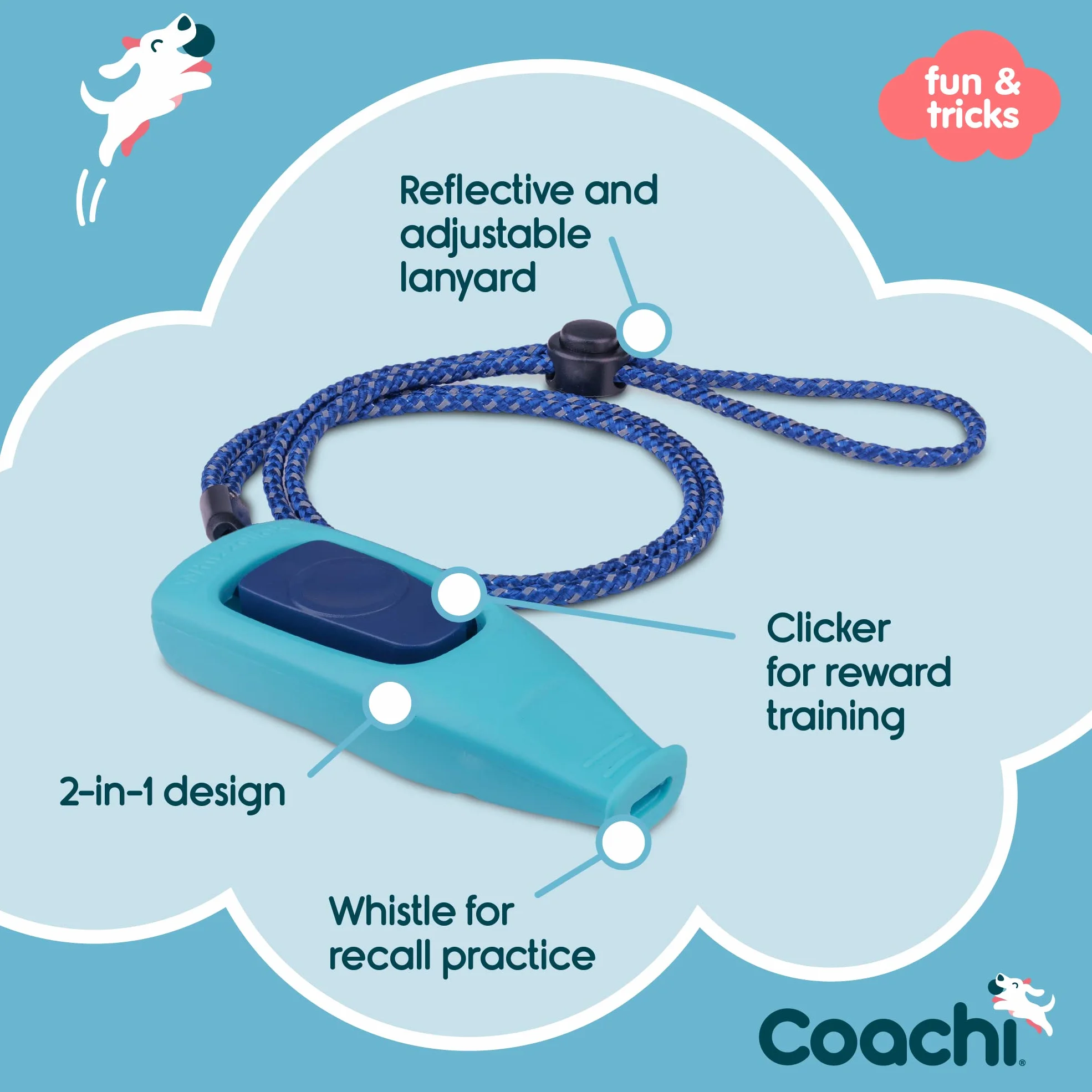 Company of Animals Coachi Whizzclick, 2-in-1 Combined Clicker and Whistle, Dog Training Whistle for Recall and Clicker Training for Rewarding, Adjustable and Reflective Lanyard, for Dogs and Puppies