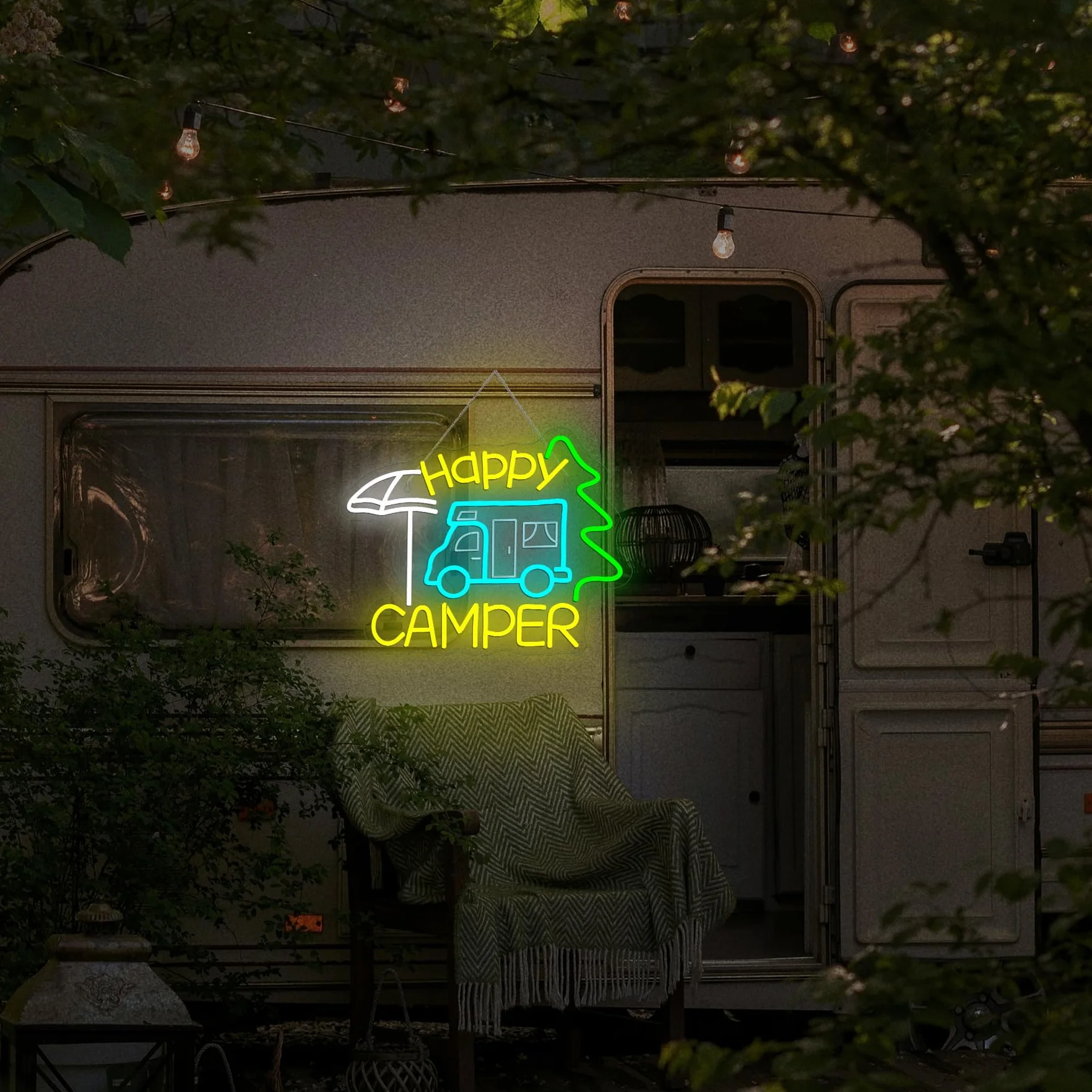 Szyld neonowy Happy Camper, szczęśliwy camper LED, napis LED do kamperów, reklama świetlna do dekoracji miejsc takich jak kemping, pikniki, biwak, namiotowe miejsce, taras, ogród