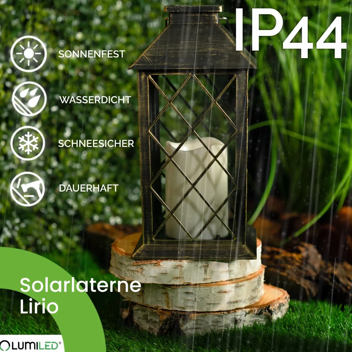 Lumiled 2x latarnia solarna na zewnątrz, latarnie solarne LED ze szkła z efektem migającej świeczki, latarnia solarna z efektem świeczki IP44, vintage patyna, wisząca, dekoracyjne światło, latarnia