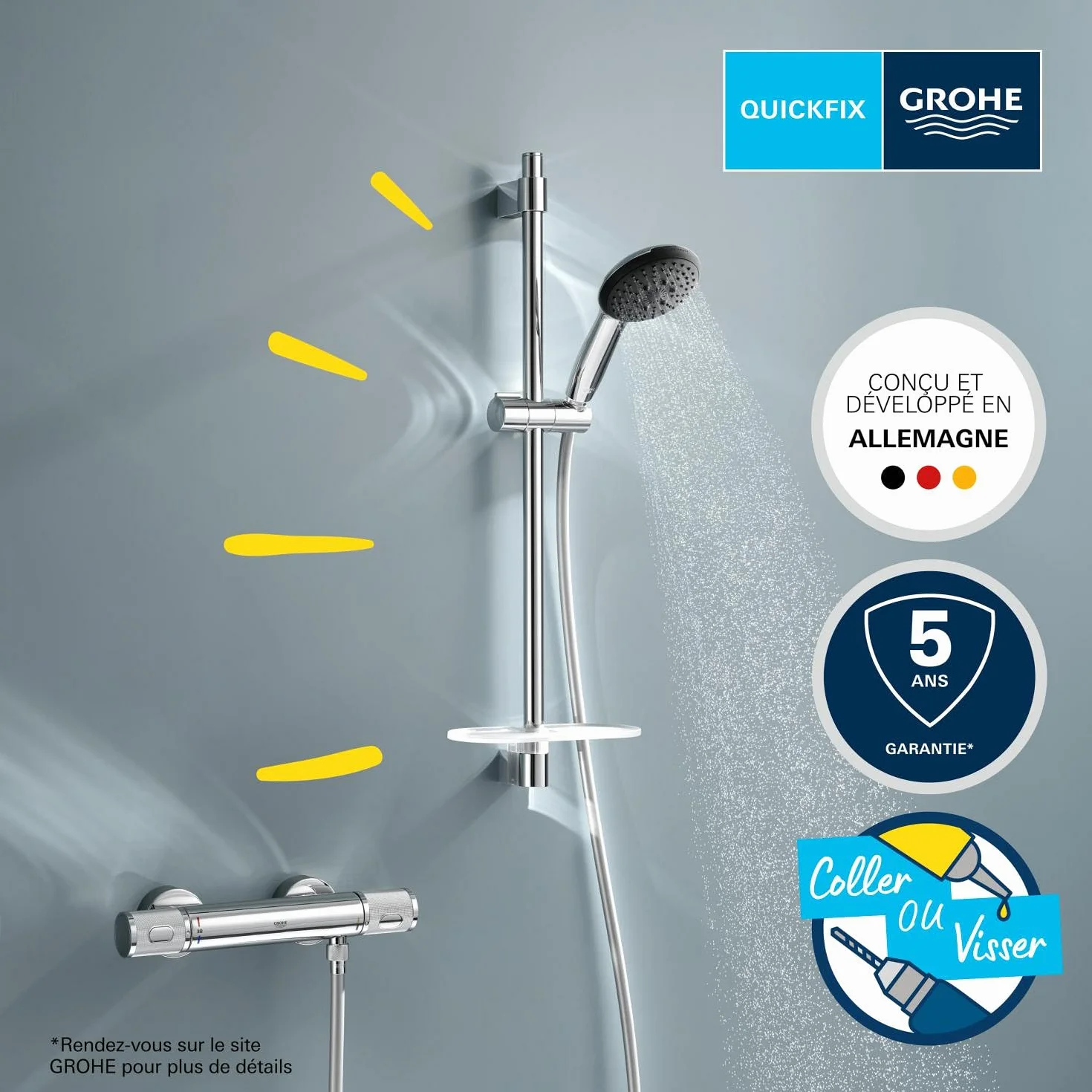 Grohe Precision Feel 34791001 zestaw prysznicowy oszczędzający wodę ~ 8 l/min (3 rodzaje strumienia, CoolTouch – bez oparzeń na termostatze, drążek prysznicowy 60 cm, w zestawie z narzędziami