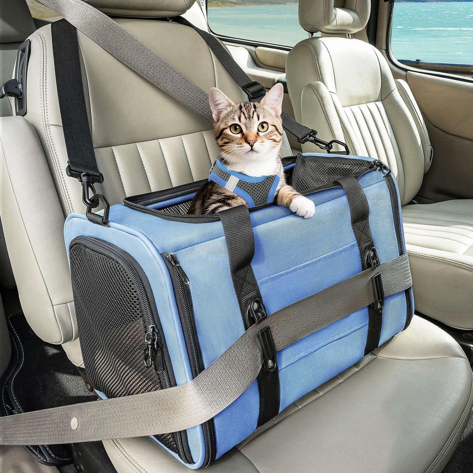 Petsfit Bagażnik samochodowy dla kota, nosidełko podróżne dla szczeniaka z ulepszoną opatentowaną klamrą bezpieczeństwa, przenośna chusta transportowa dla psa, torba podróżna z paskiem na ramię i