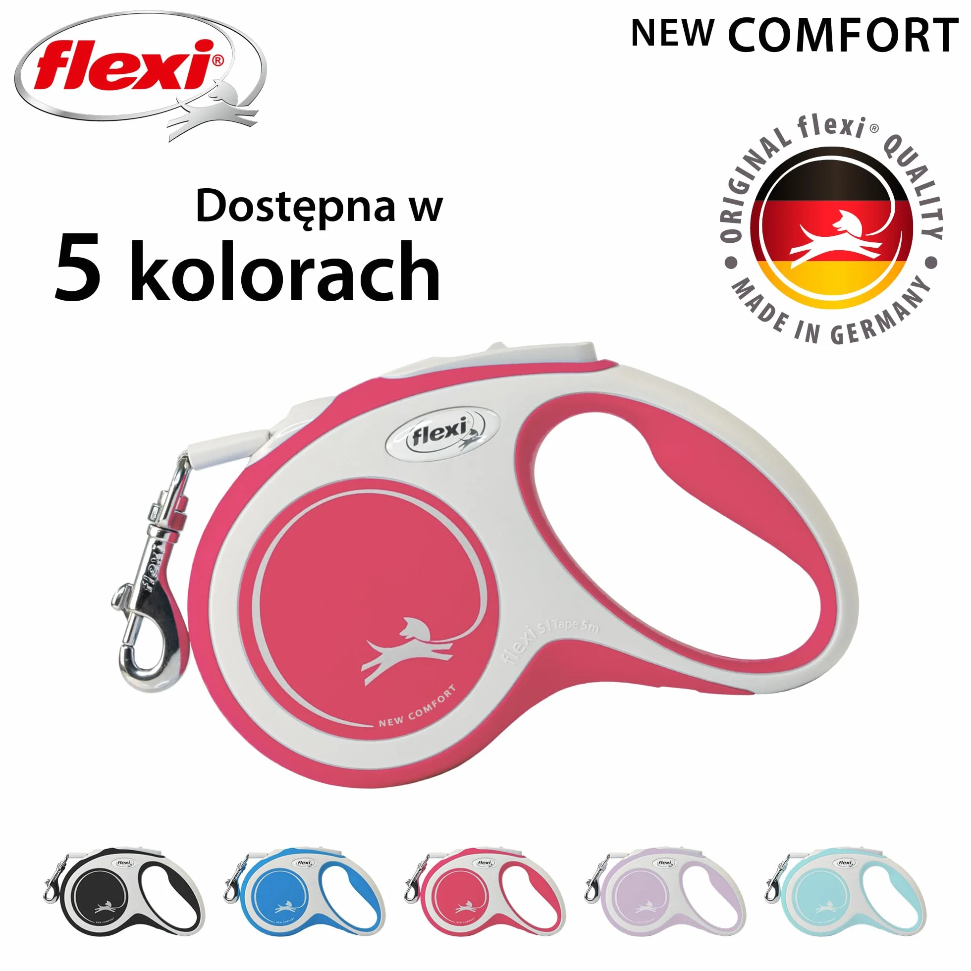 Flexi Nowa komfortowa taśma szara i czerwona mała 5 m chowana smycz dla psa/smycz dla psów do 15 kg
