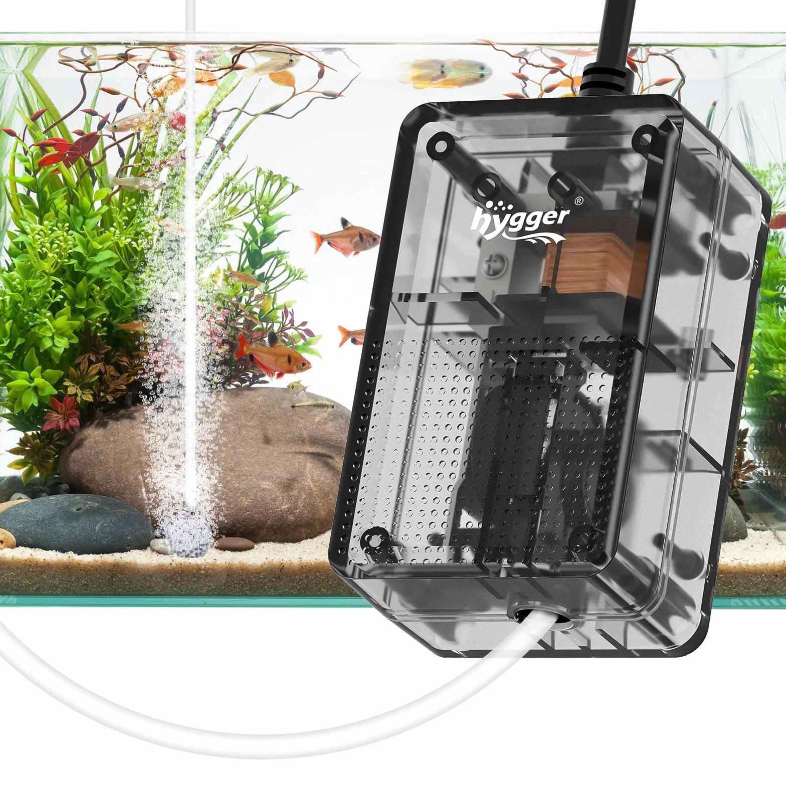 hygger Pompa tlenowa do akwarium, pompa powietrza 1,5 W, cichy perlator < 40 dB, regulowana pompa membranowa 800 ml/M, energooszczędna z przezroczystą strukturą, do basenów rybnych i nanoakwariów