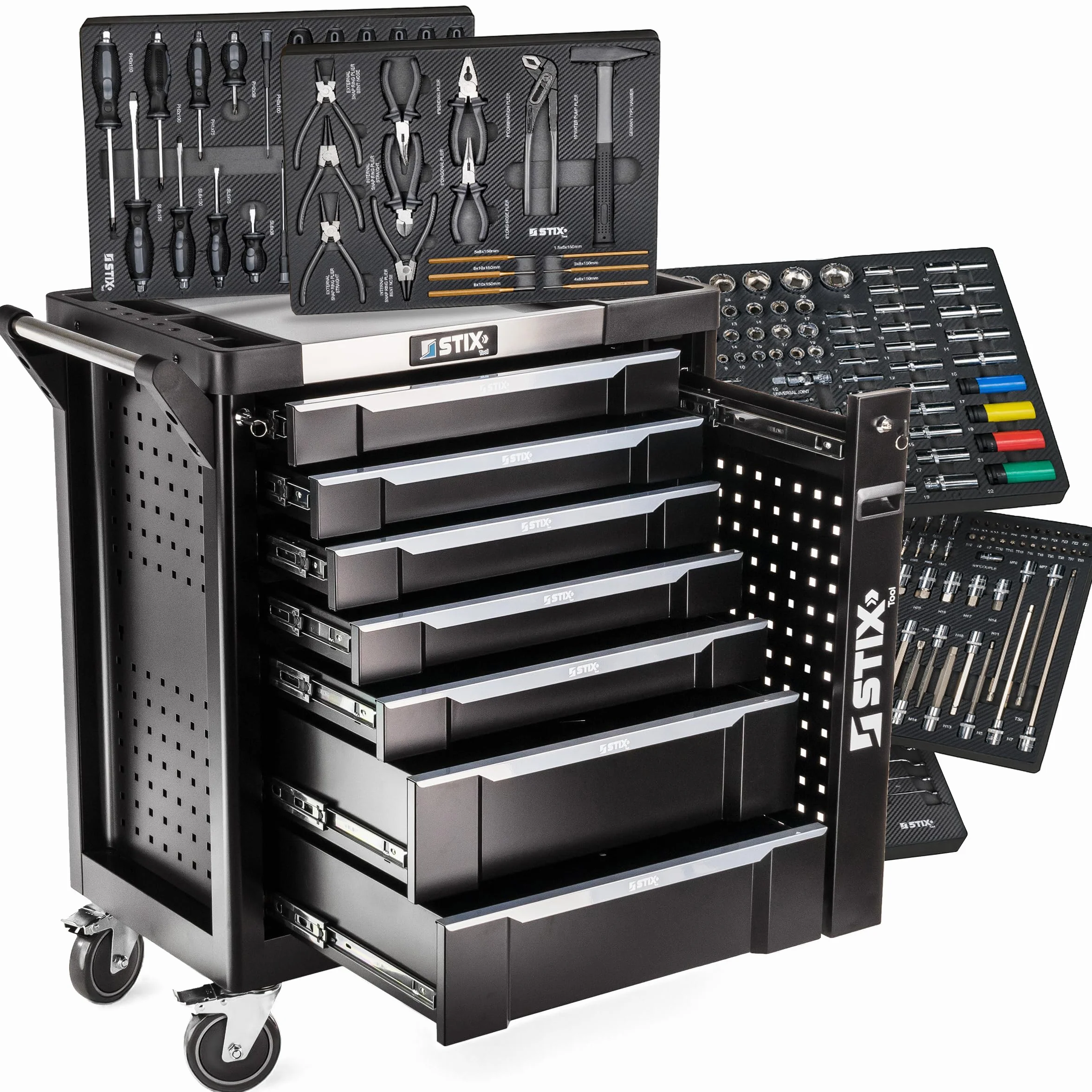 Stix UltimatePro B7/TS1 wózek warsztatowy z 267 narzędziami Cr-V, 7 szufladami, szufladą cargo, płytą ze stali nierdzewnej, zamykany