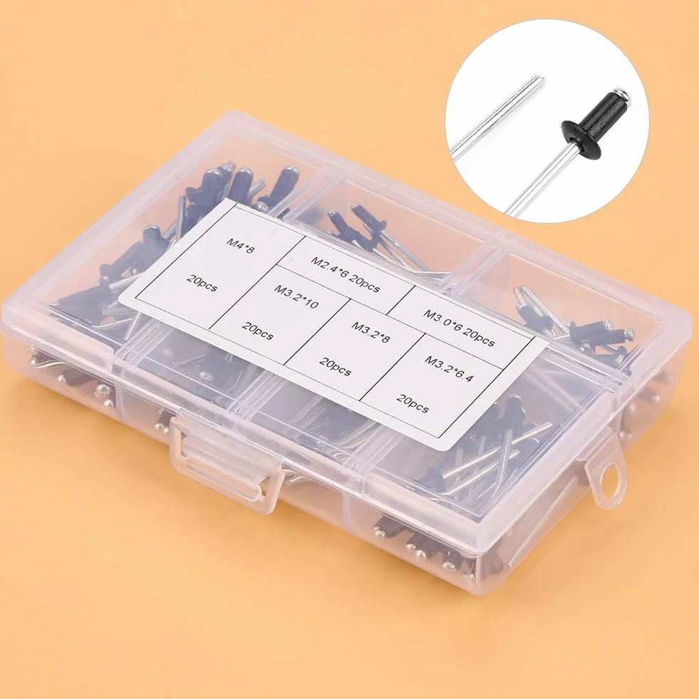 120 sztuk/zestaw M2.4 / M3.0 / M3.2 / M4 Czarne nity Nity POP Asortyment czarne Nity POP Nity zrywalne aluminium w pudełku, do nitownic pneumatycznych, nitownic elektrycznych