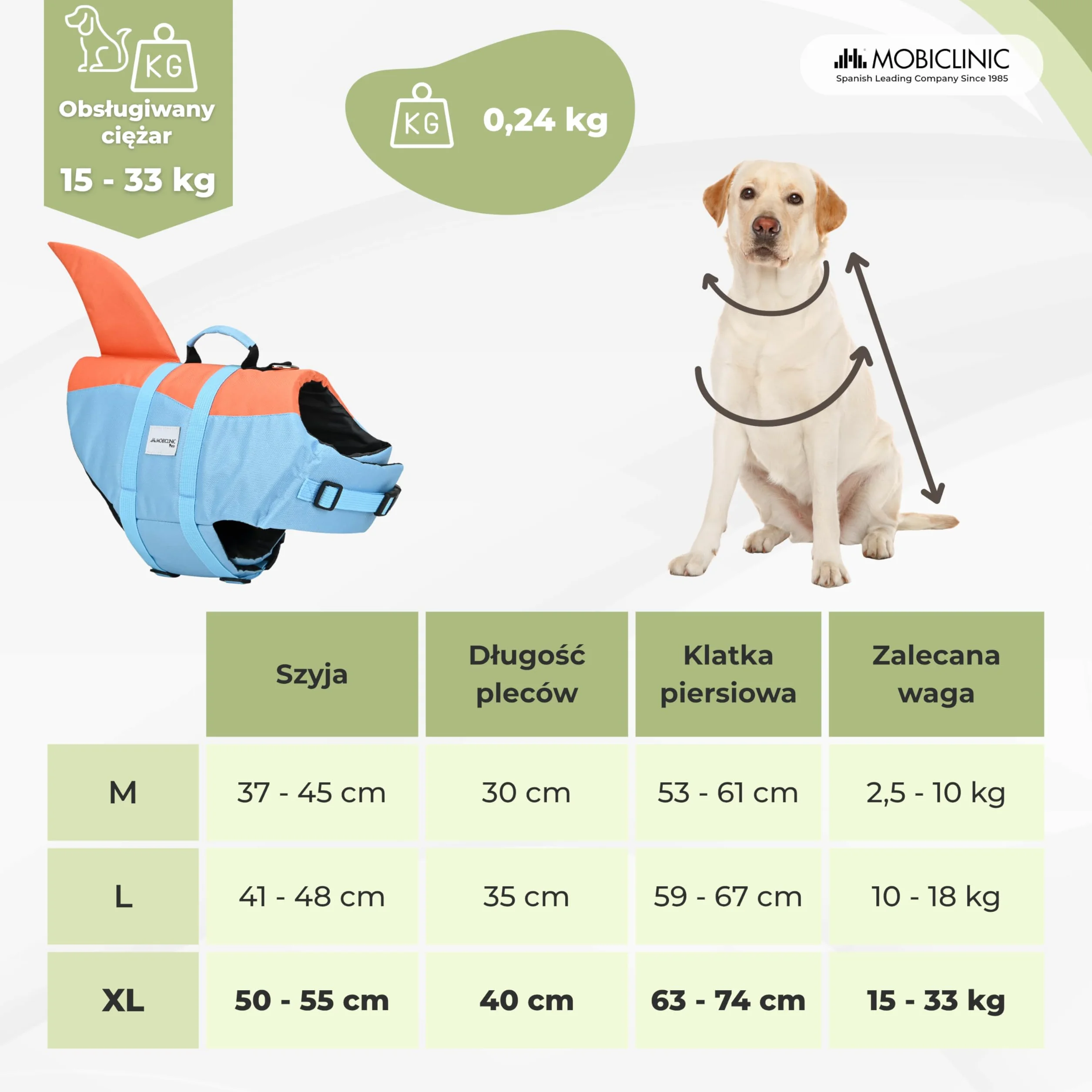 Mobiclinic®, Kamizelka Ratunkowa dla Psa, Konstrukcja Płetwy Rekina, Uchwyt Ratunkowy, Regulowane Szelki, Kółko do Smyczy, Wysoka Wyporność i Widoczność, Sharky, Lekkość, Pływanie, Surfing, Żeglarstwo