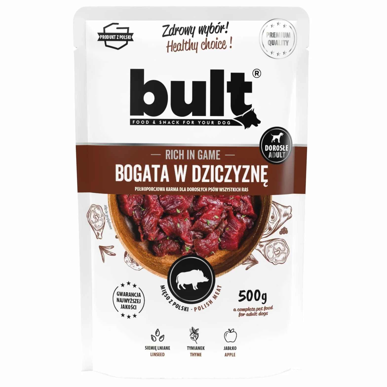 BULT, Mokra Karma dla Psa, Mielonka z Dziczyzną, 500g, Dla Dorosłych Psów, Saszetka, Z Siemieniem Lnianym i Tymiankiem, Bez Sztucznych Dodatków