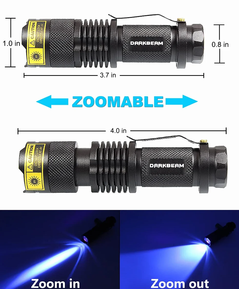 DARKBEAM Latarka UV 365 nm Światło Wood's Lampa Blacklight Ultrafioletowe LED Mini Torebka Detektor Plam Psiego Moczu Zwierząt 370 nm Identyfikacja Antyfałszerstw, Utwardzanie Żywicą