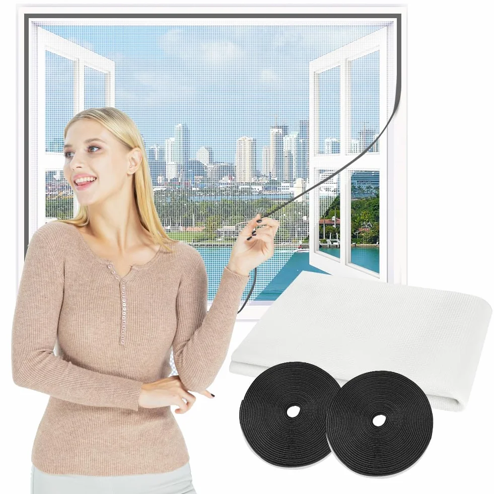 Flintronic Moskitiera okienna z włókna szklanego, ognioodporna, 150 x 180 cm, możliwość przycięcia, moskitiera z 2 rolkami, zapięcie na rzepy, do samodzielnego wykonania, bez wiercenia, kolor biały