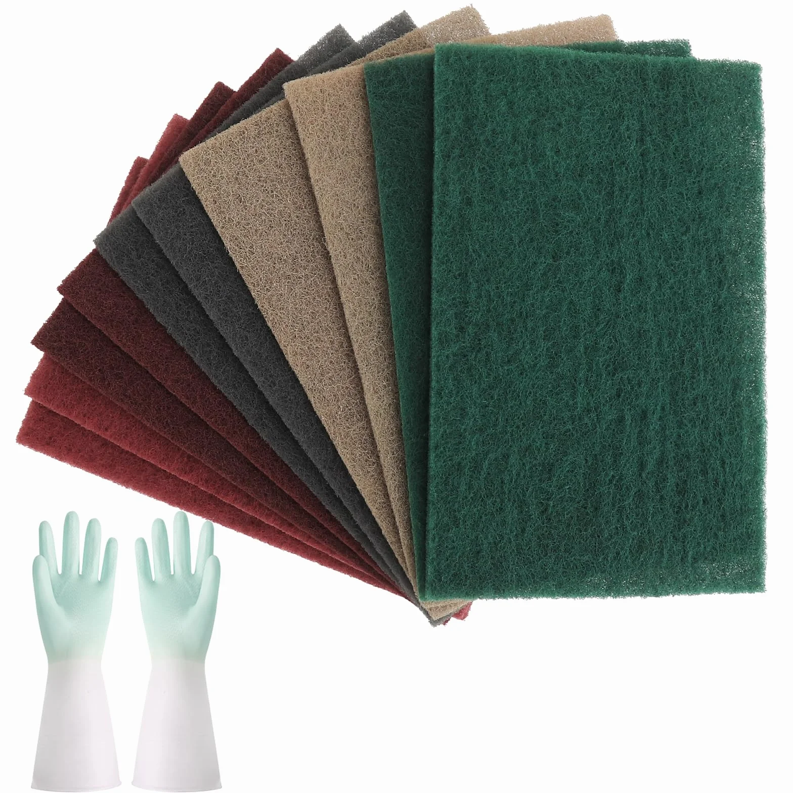 10 podkładek z włókniny ściernej 150 x 230 mm – mata z włókniny ściernej o 5 ziarnistościach 600/800/1000/1200/3000 do metalu, drewna, stali nierdzewnej, 1 para rękawic czyszczących – włóknina