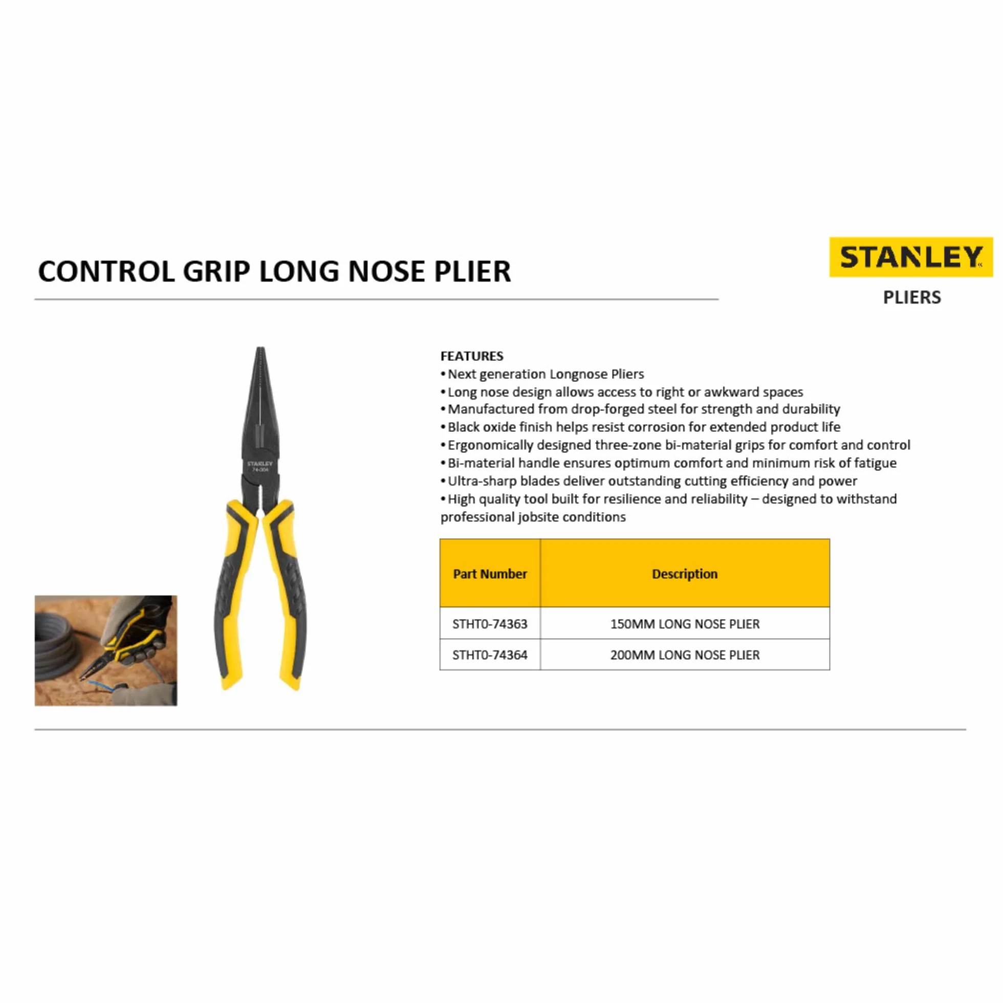 STANLEY Solidny Szczypce control grip boca długa 200mm dla profesjonalistów i majsterkowiczów do codziennego użytku 200mm