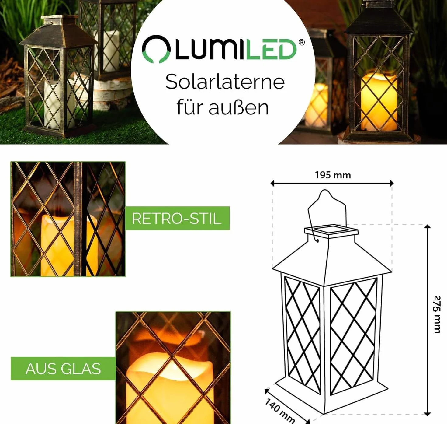 Lumiled 2x latarnia solarna na zewnątrz, latarnie solarne LED ze szkła z efektem migającej świeczki, latarnia solarna z efektem świeczki IP44, vintage patyna, wisząca, dekoracyjne światło, latarnia