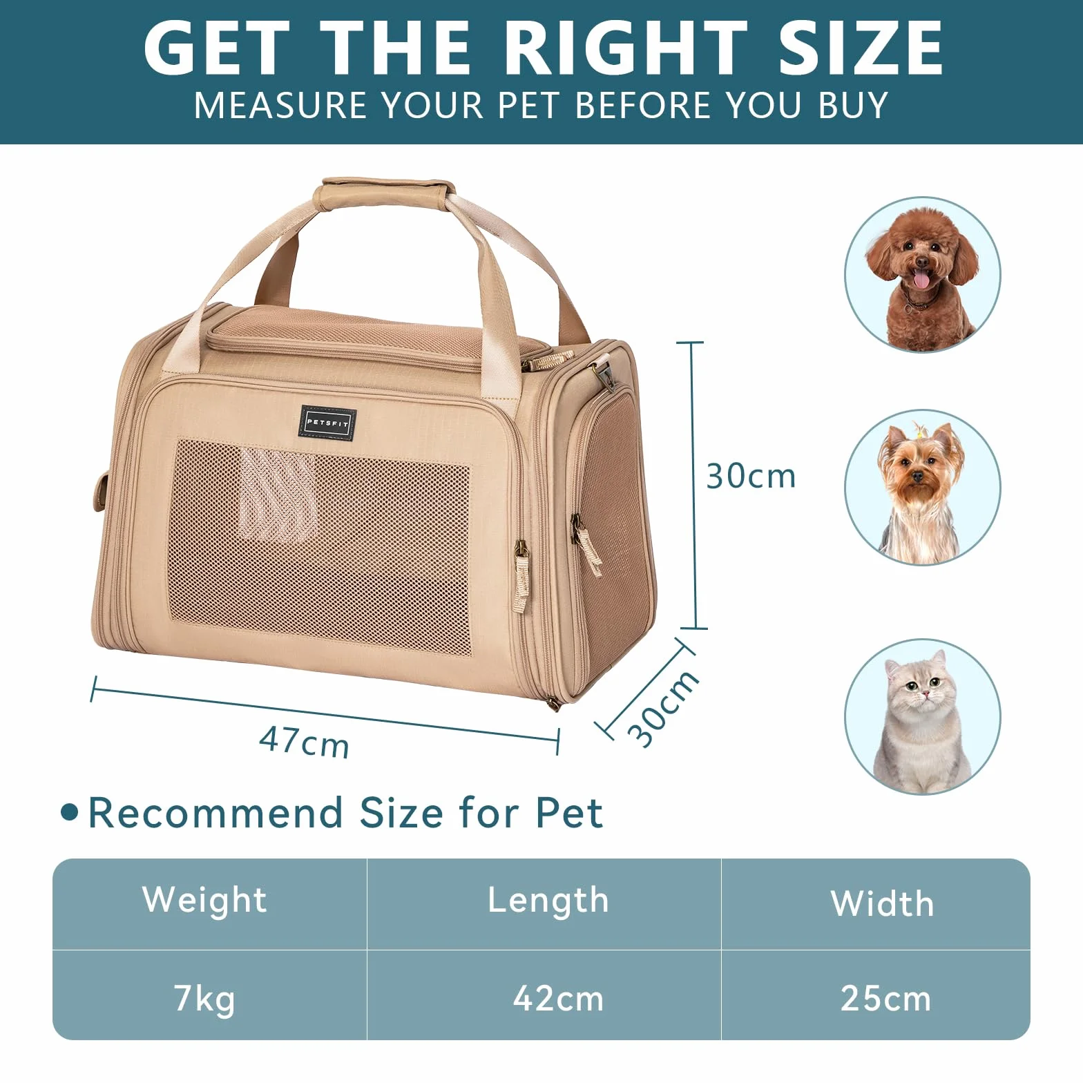 Petsfit Nosidełko podróżne dla kota, miękkie nosidełko dla psów z rozszerzalną matą i czworokątną siatką z tkaniny Oxford, przenośna torba dla psa z ulepszoną dużą przestrzenią, khaki