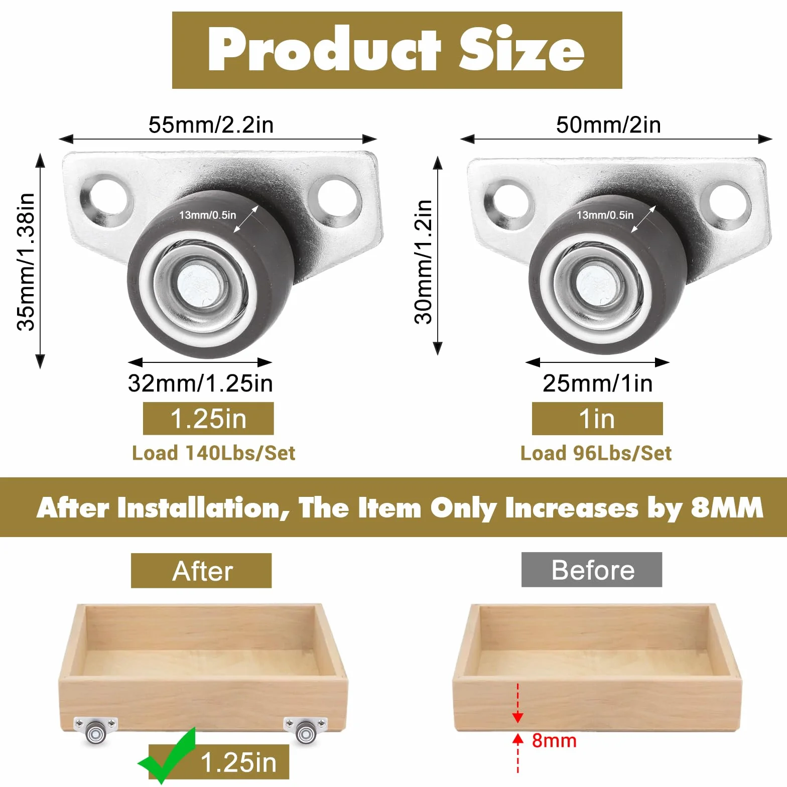 ElevateTech Małe kółka skrętne 3,2 cm, montowane z boku, 4 sztuki, płaskie, mini kółka obrotowe ze stali nierdzewnej, nadają się do biura, mebli kuchennych, stołów, szuflad, wózków, szafek i półek