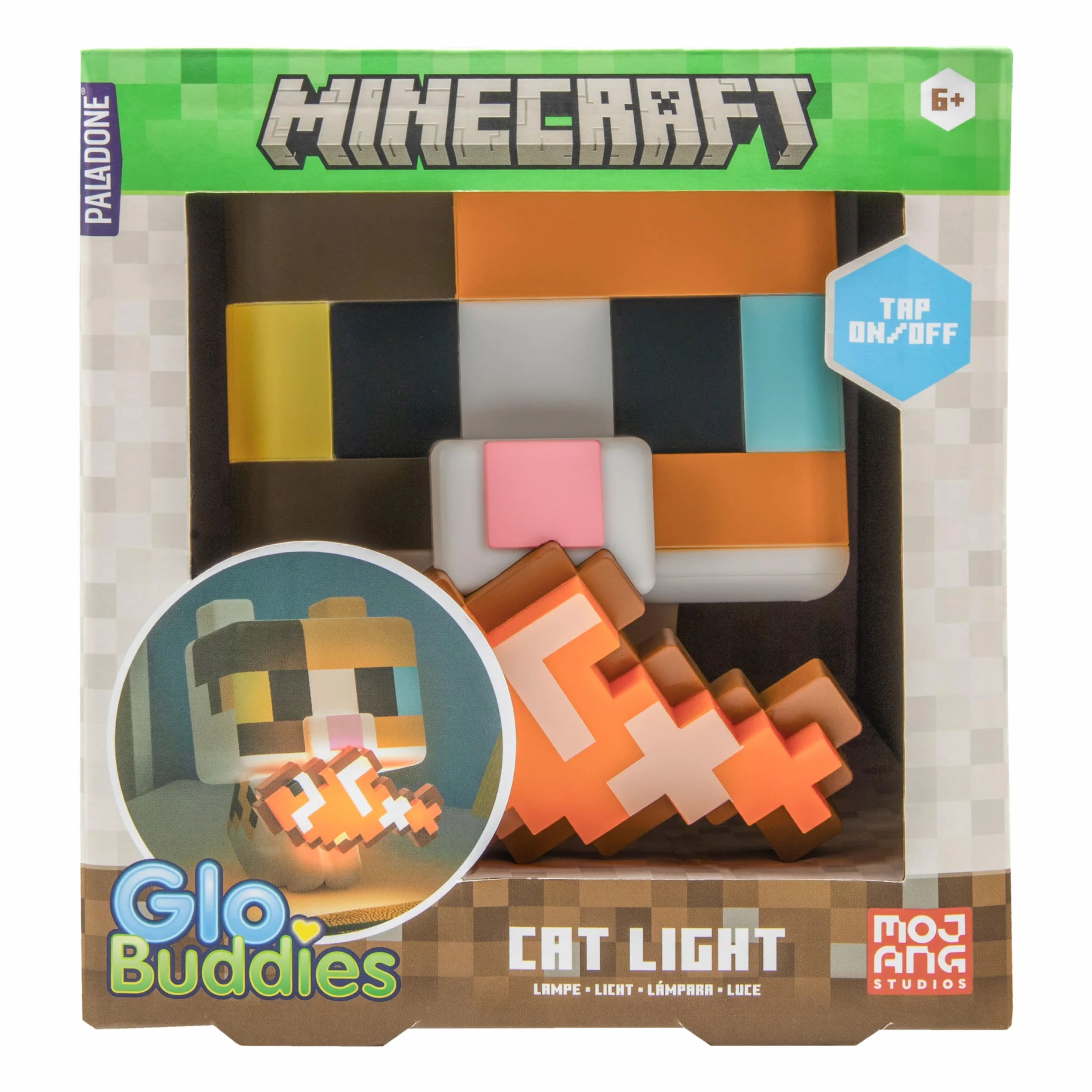 Paladone Minecraft Cat GloBuddies Light, lampa typu tap-to-on, 15 cm, z podświetlaną rybą, zasilana baterią AA, oficjalna licencja