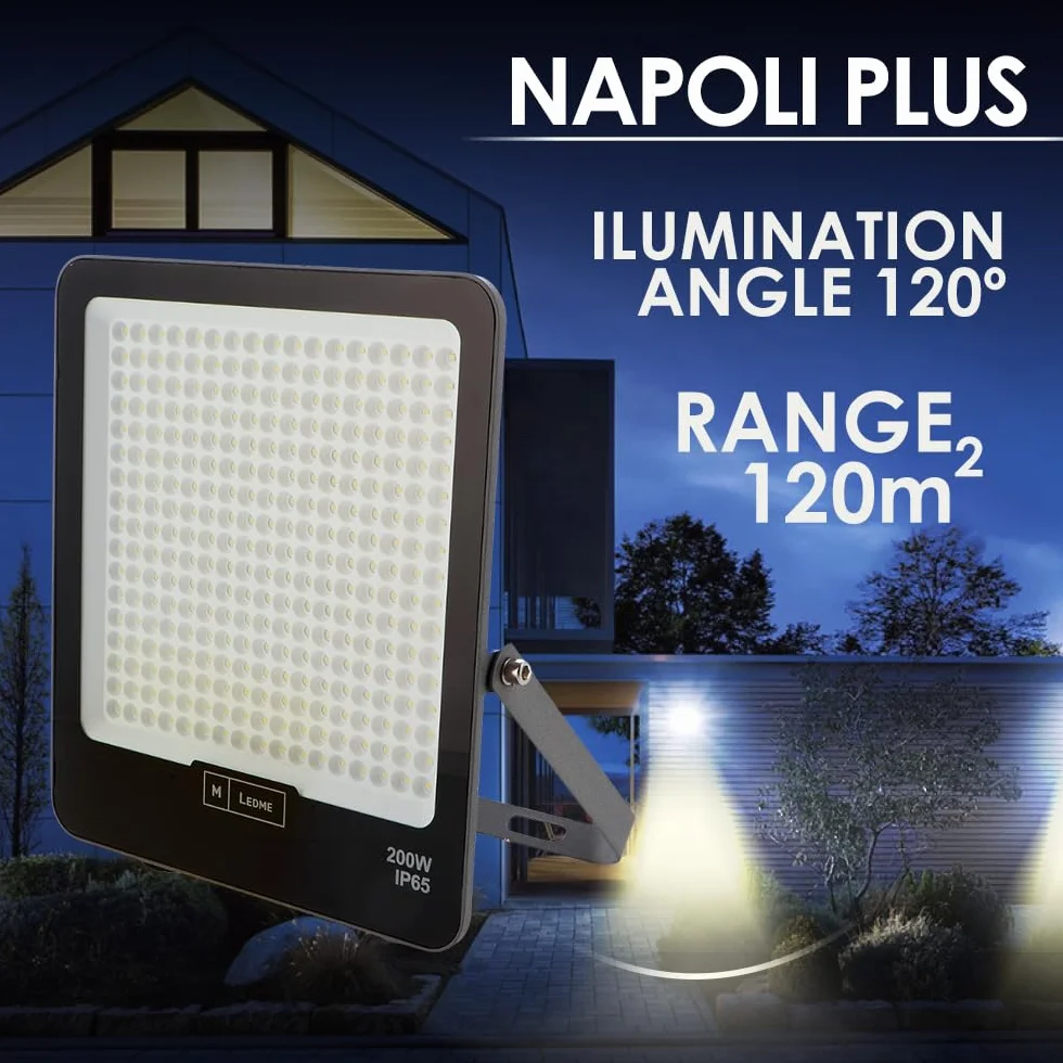 M Ledme - Napoli Plus reflektor Led 200 W, 24000 lumenów, możliwość ściemniania IP65, ciepłe światło (3000 k), oświetlenie zewnętrzne. Zastosowanie do ogrodu, patio, parkingu, hotelu, budynków itp.