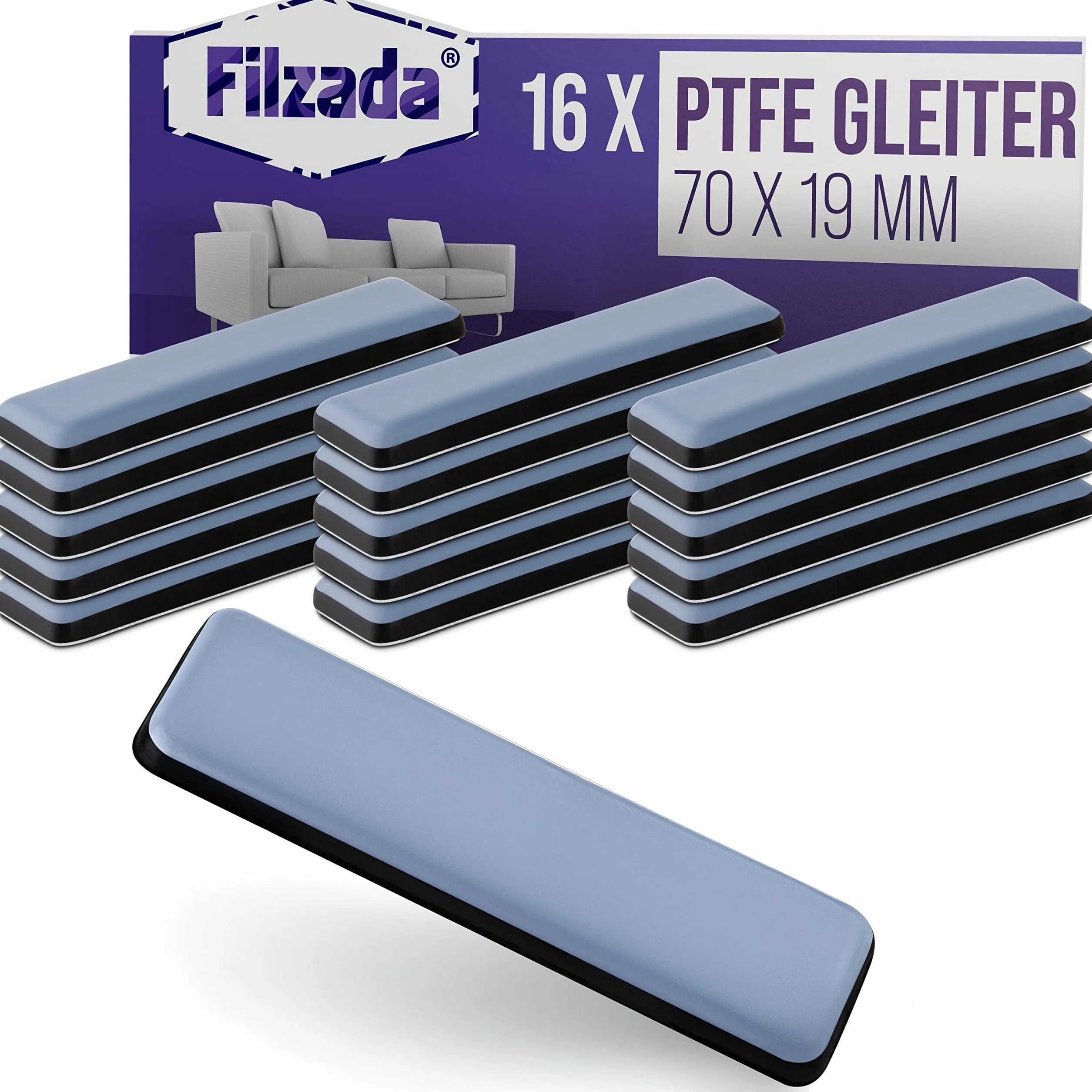 Filzada® 16x Ślizgacze teflonowe samoprzylepne - 70 x 19 mm (kątowe) - profesjonalne ślizgacze meblowe/ślizgacze dywanowe PTFE (teflon)